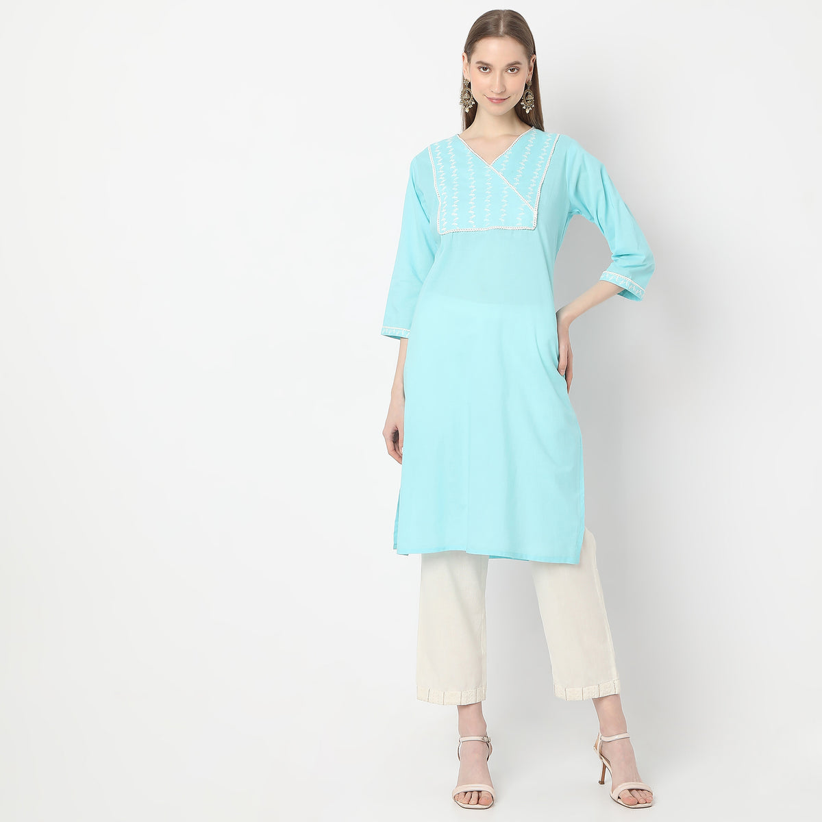 Straight Fit Embroidered Below Knee V-Neck Table Kurta Kurta