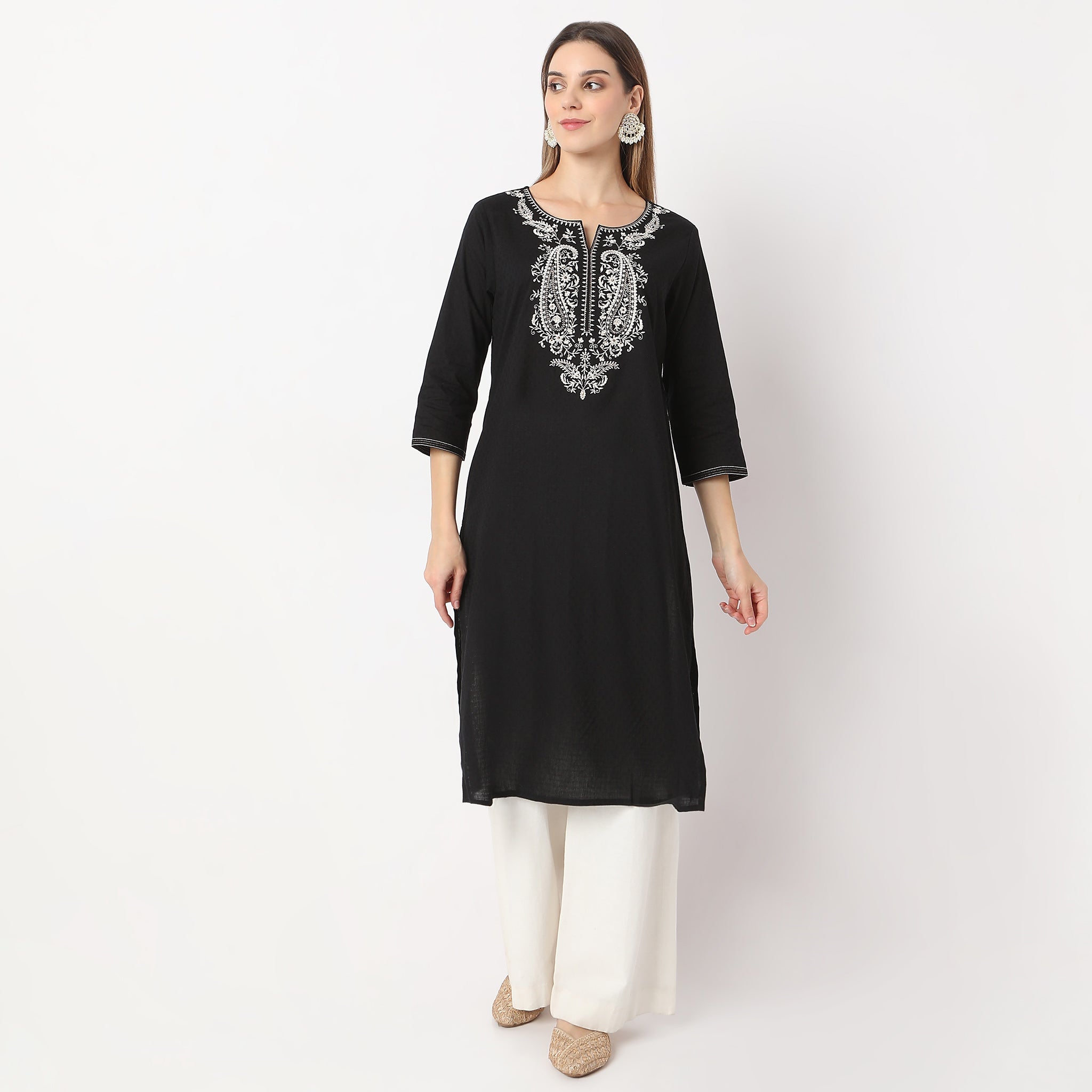 Embroidered Below Knee Length Straight Table Kurta