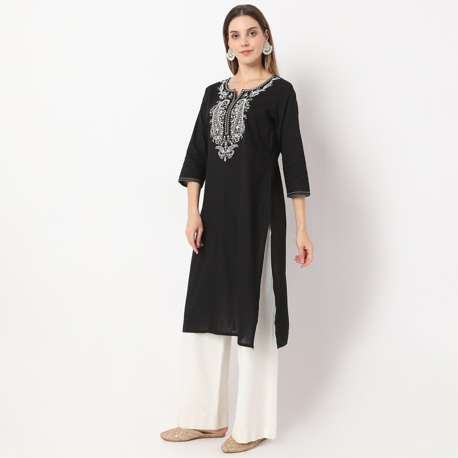 Embroidered Below Knee Length Straight Table Kurta