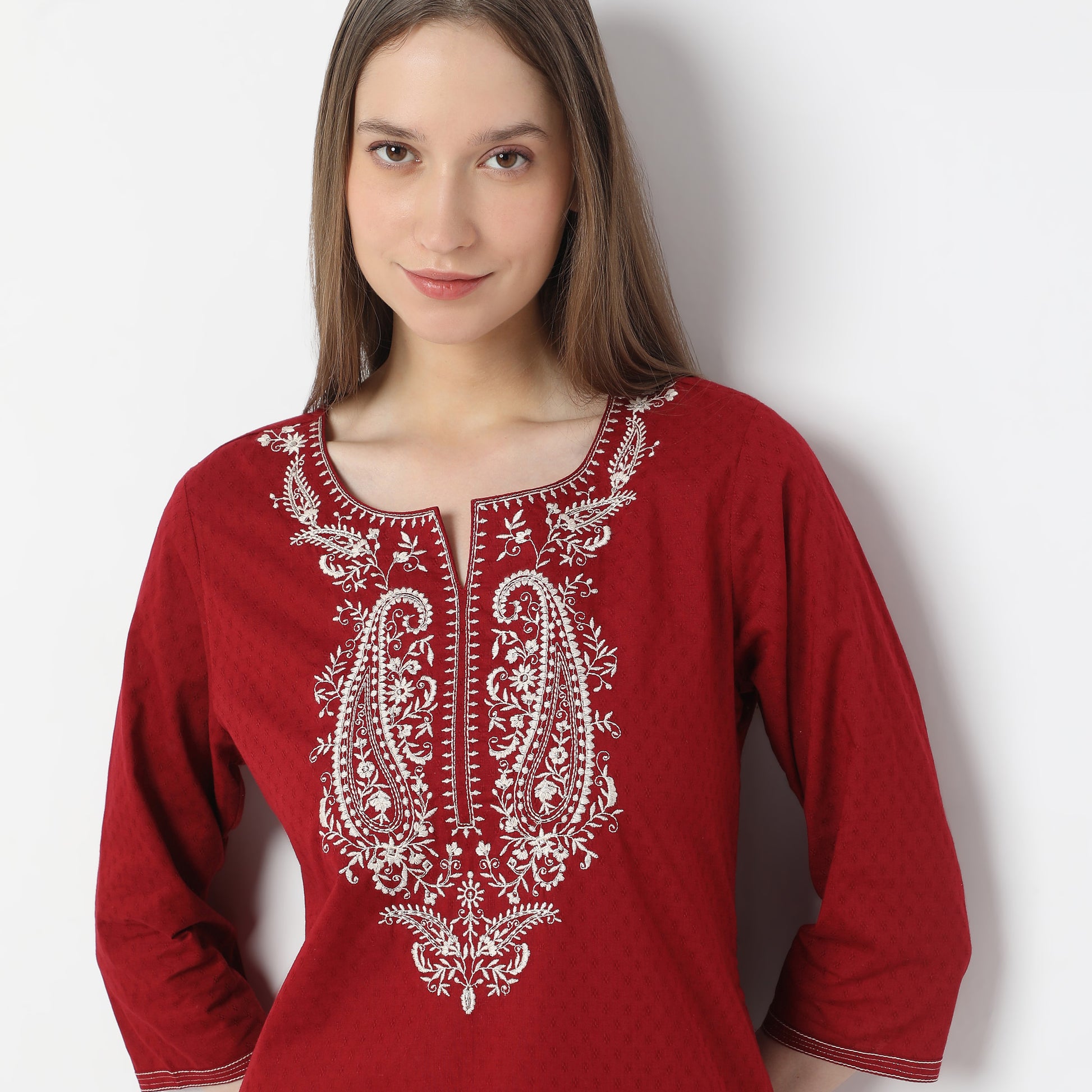 Embroidered Below Knee Length Straight Table Kurta