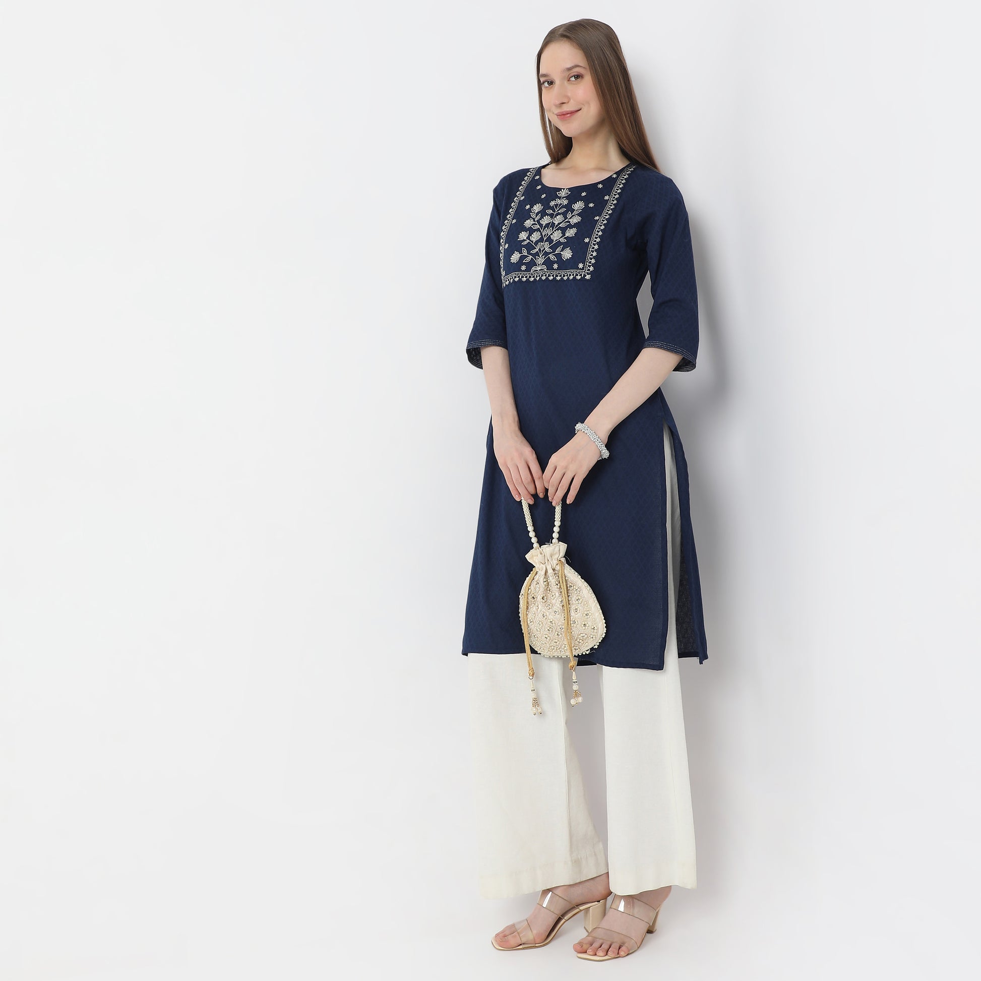Embroidered Below Knee Straight Fit Table Kurta