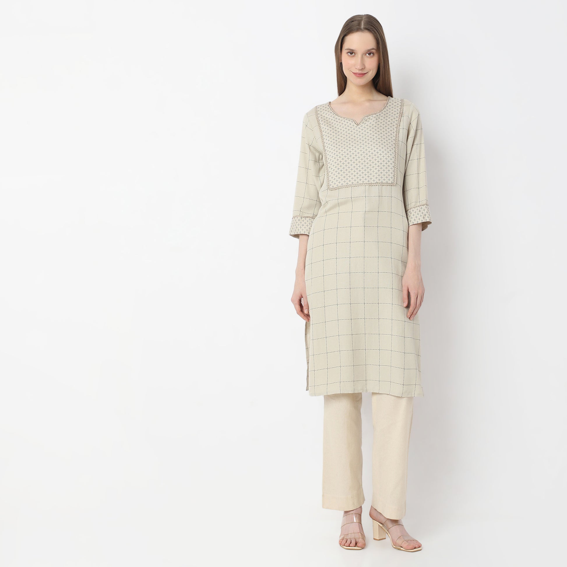 Floral Knee Length Printed Yoke Straight Fit Table Kurta