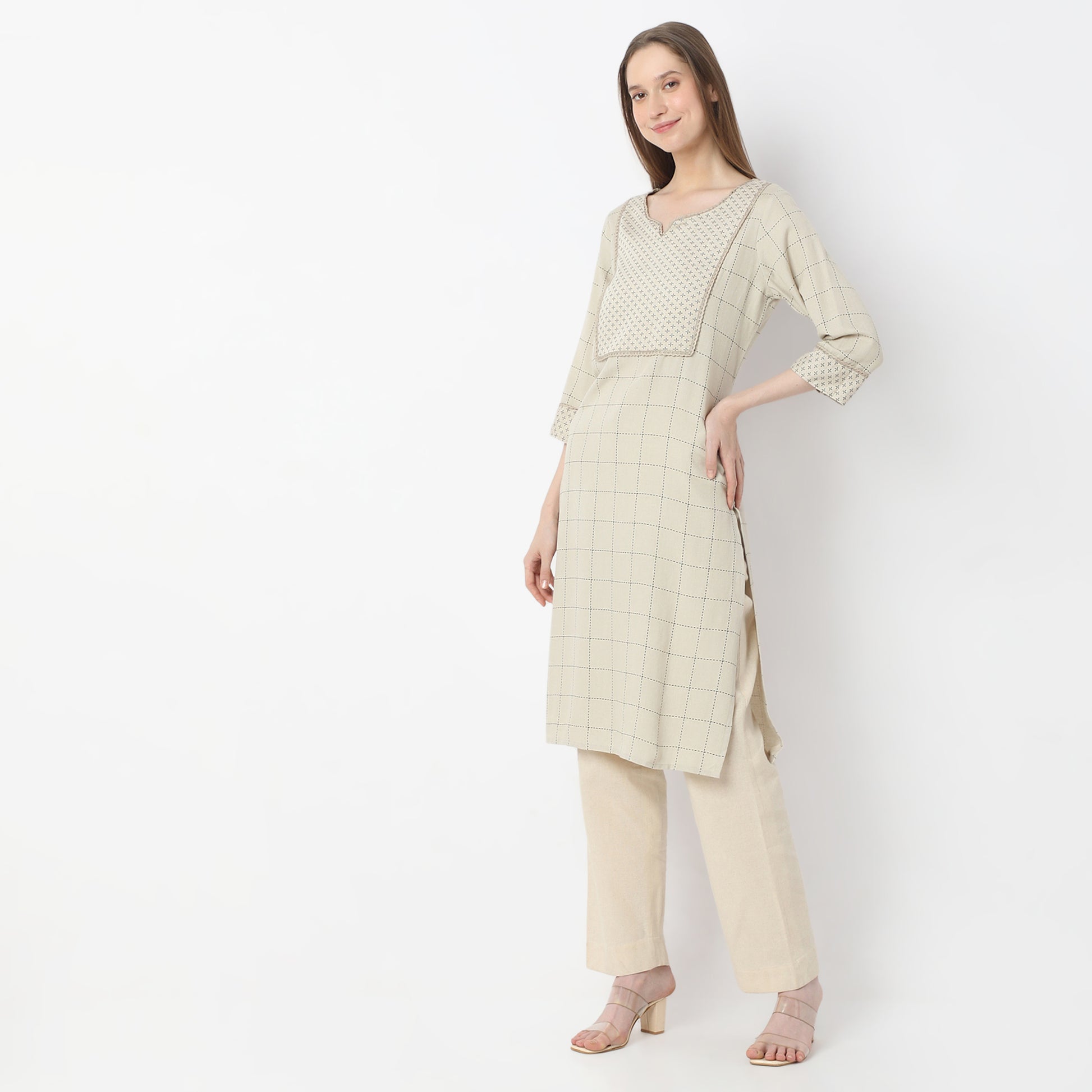 Floral Knee Length Printed Yoke Straight Fit Table Kurta