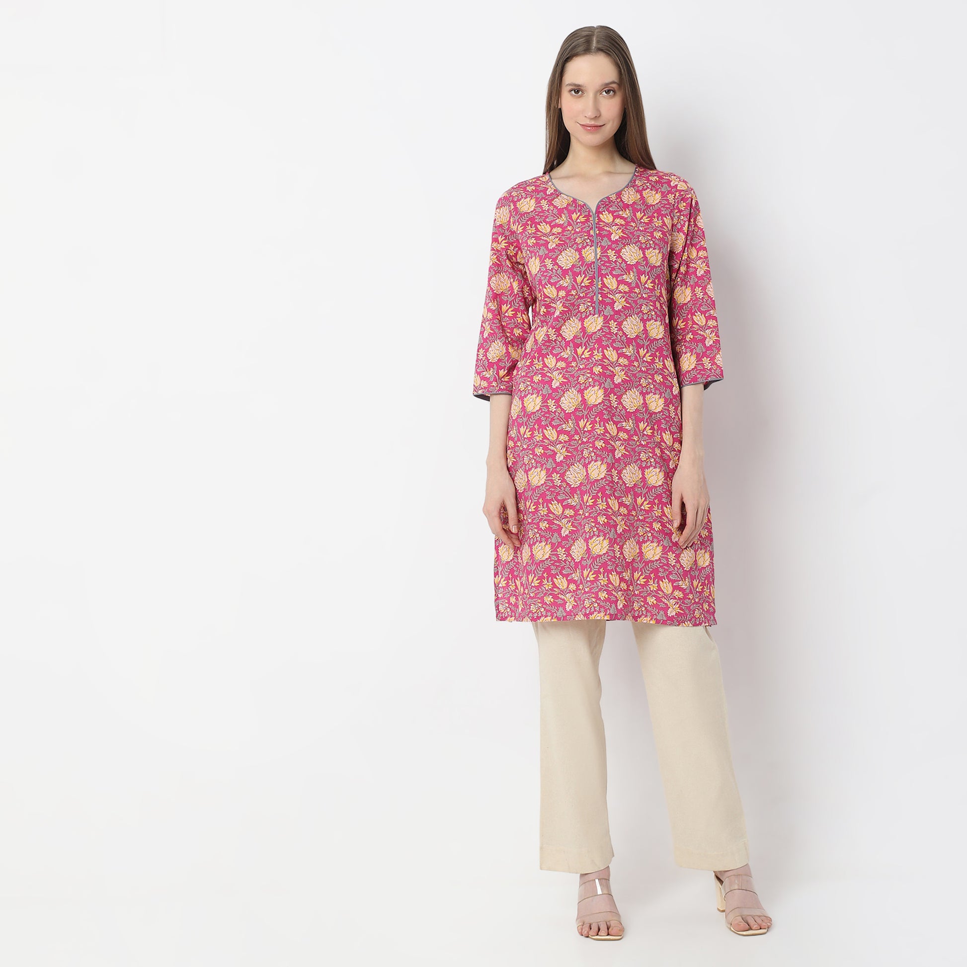 Floral Knee Length Printed Straight Fit Table Kurta