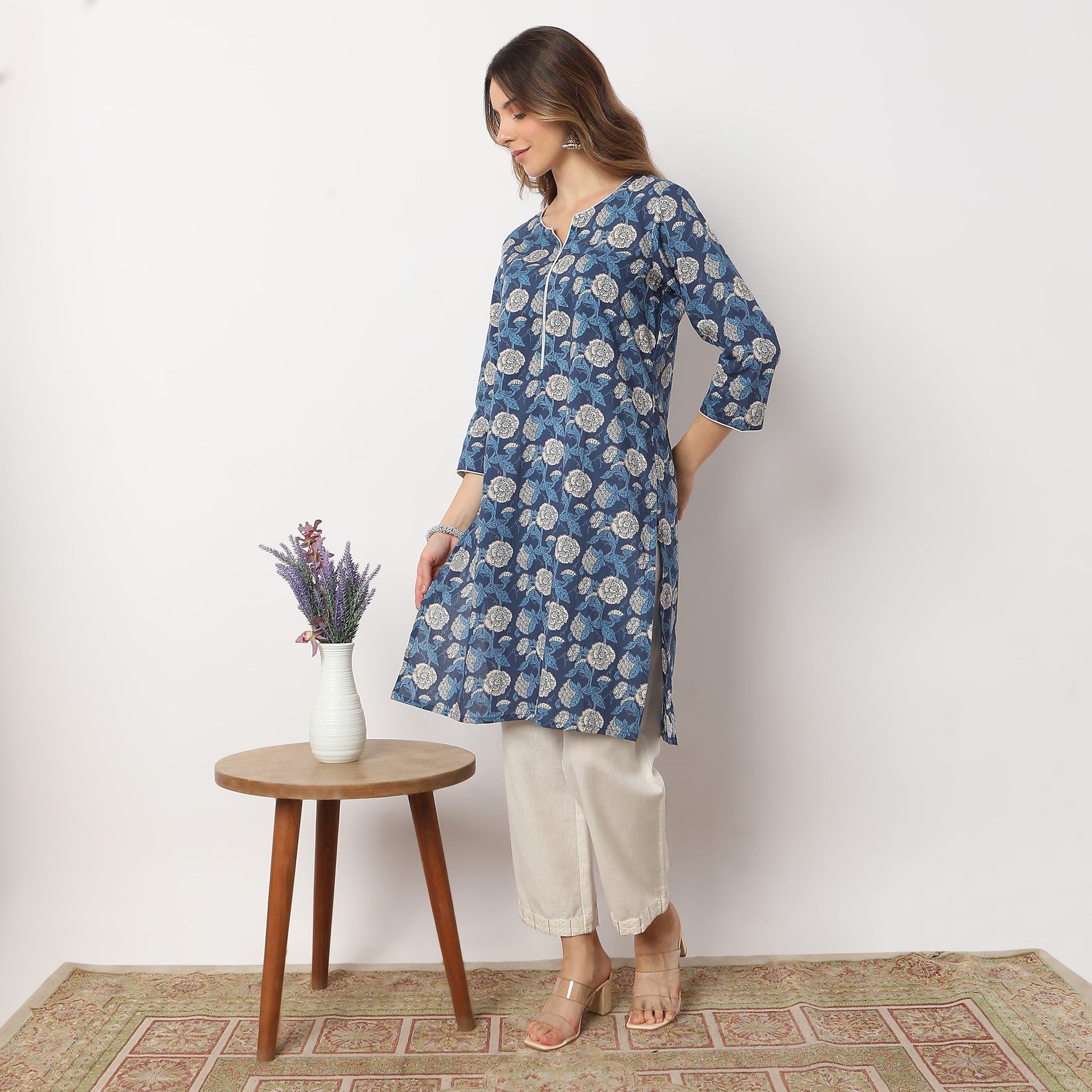 Straight Fit Floral Knee Length Band Collar Table Kurta
