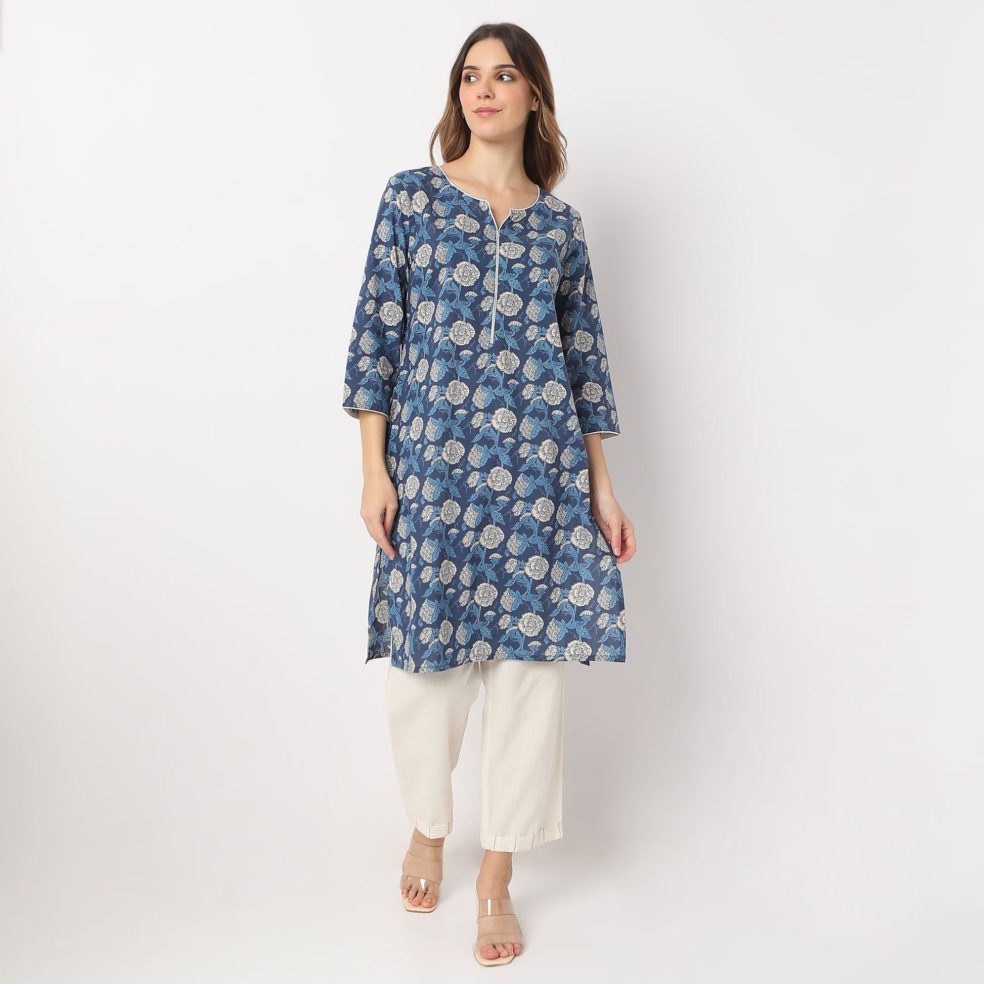 Straight Fit Floral Knee Length Band Collar Table Kurta