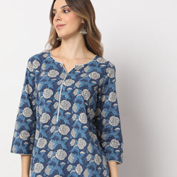 Straight Fit Floral Knee Length Band Collar Table Kurta