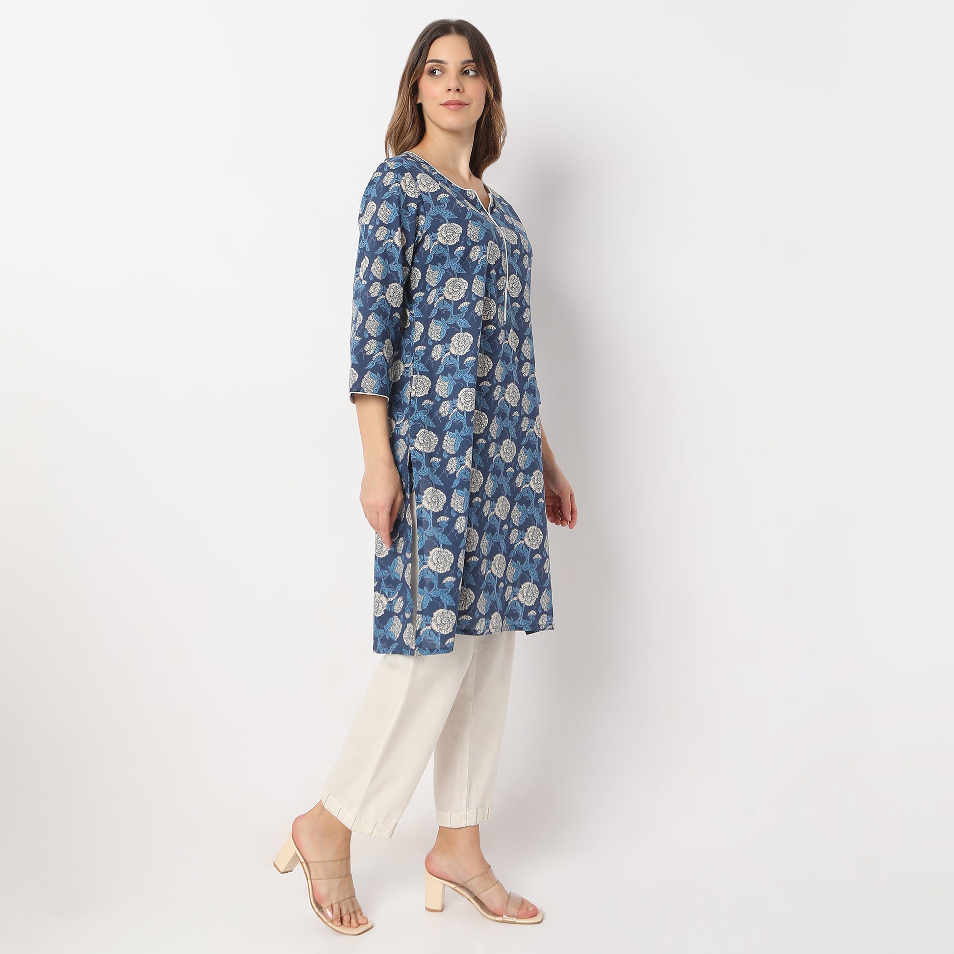 Straight Fit Floral Knee Length Band Collar Table Kurta