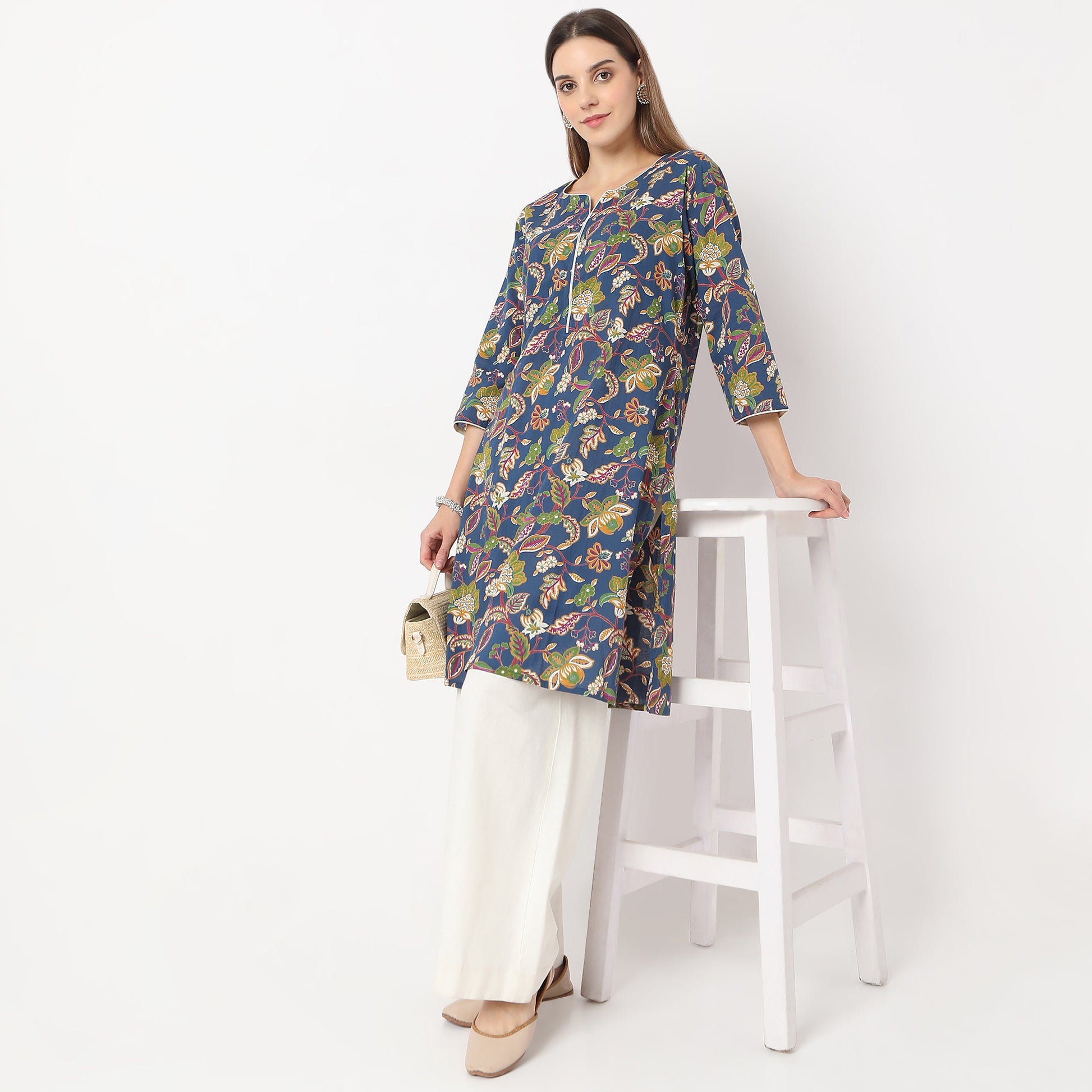 Straight Fit Floral Knee Length Band Collar Table Kurta