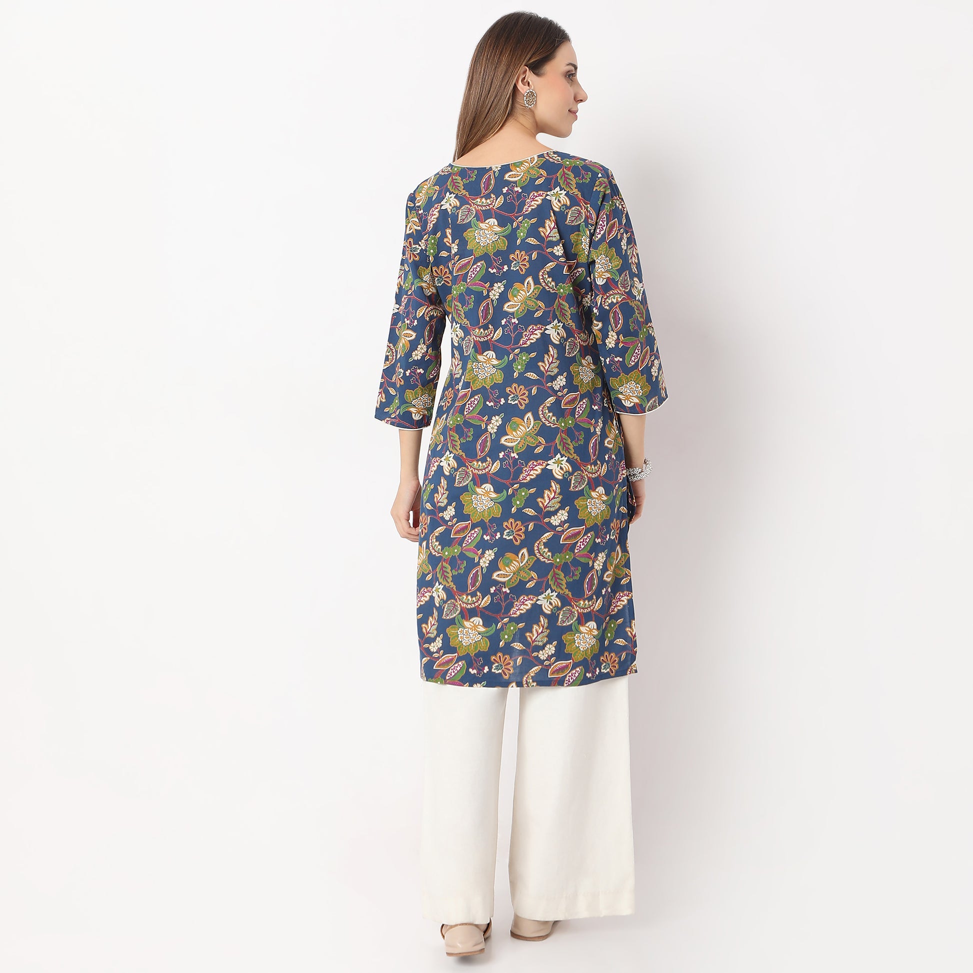 Straight Fit Floral Knee Length Band Collar Table Kurta