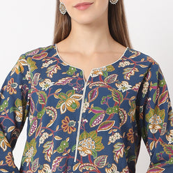 Straight Fit Floral Knee Length Band Collar Table Kurta