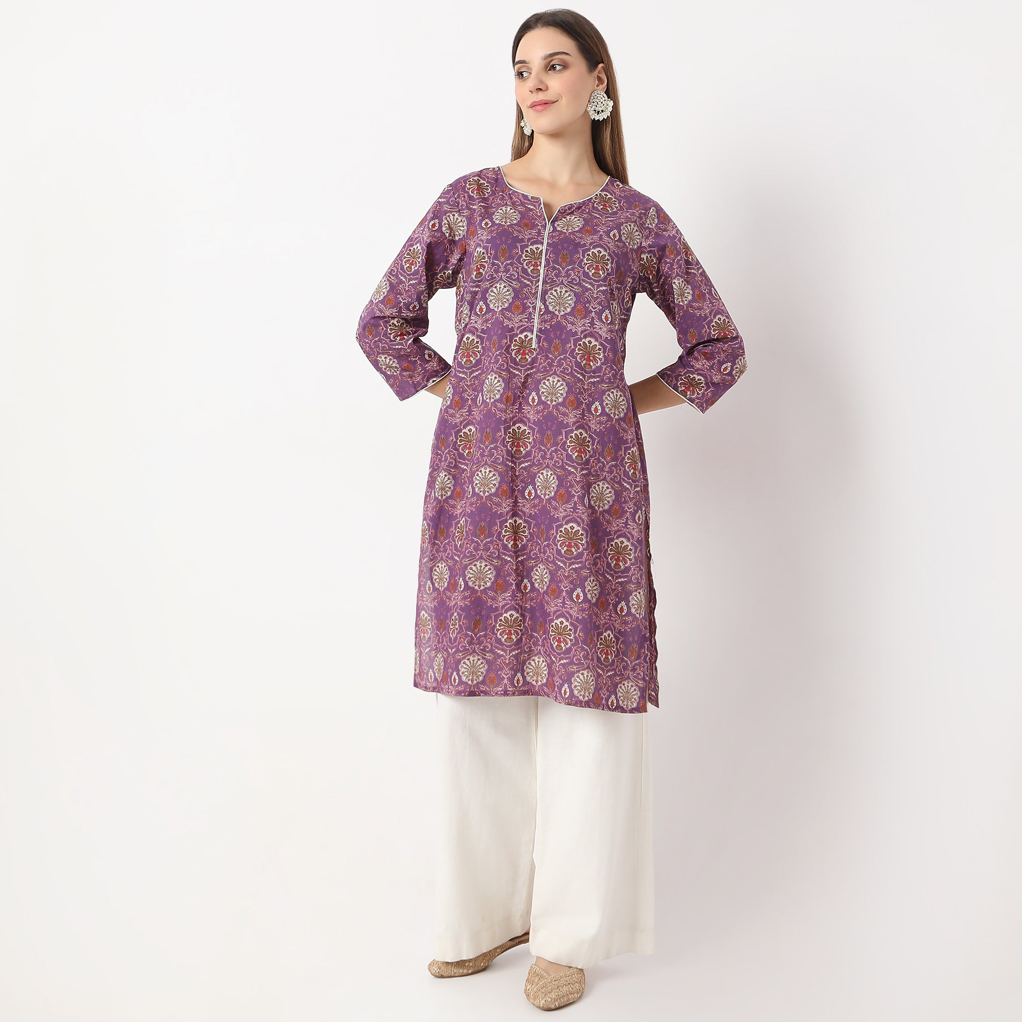 Straight Fit Floral Knee Length Band Collar Table Kurta