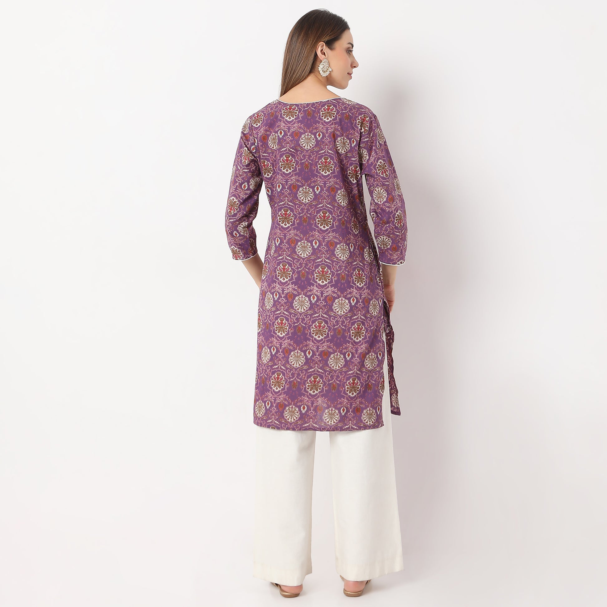 Straight Fit Floral Knee Length Band Collar Table Kurta