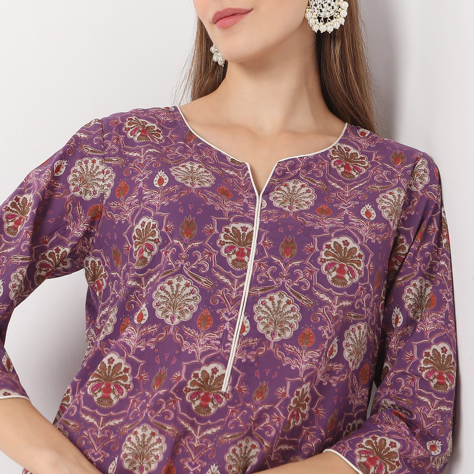 Straight Fit Floral Knee Length Band Collar Table Kurta