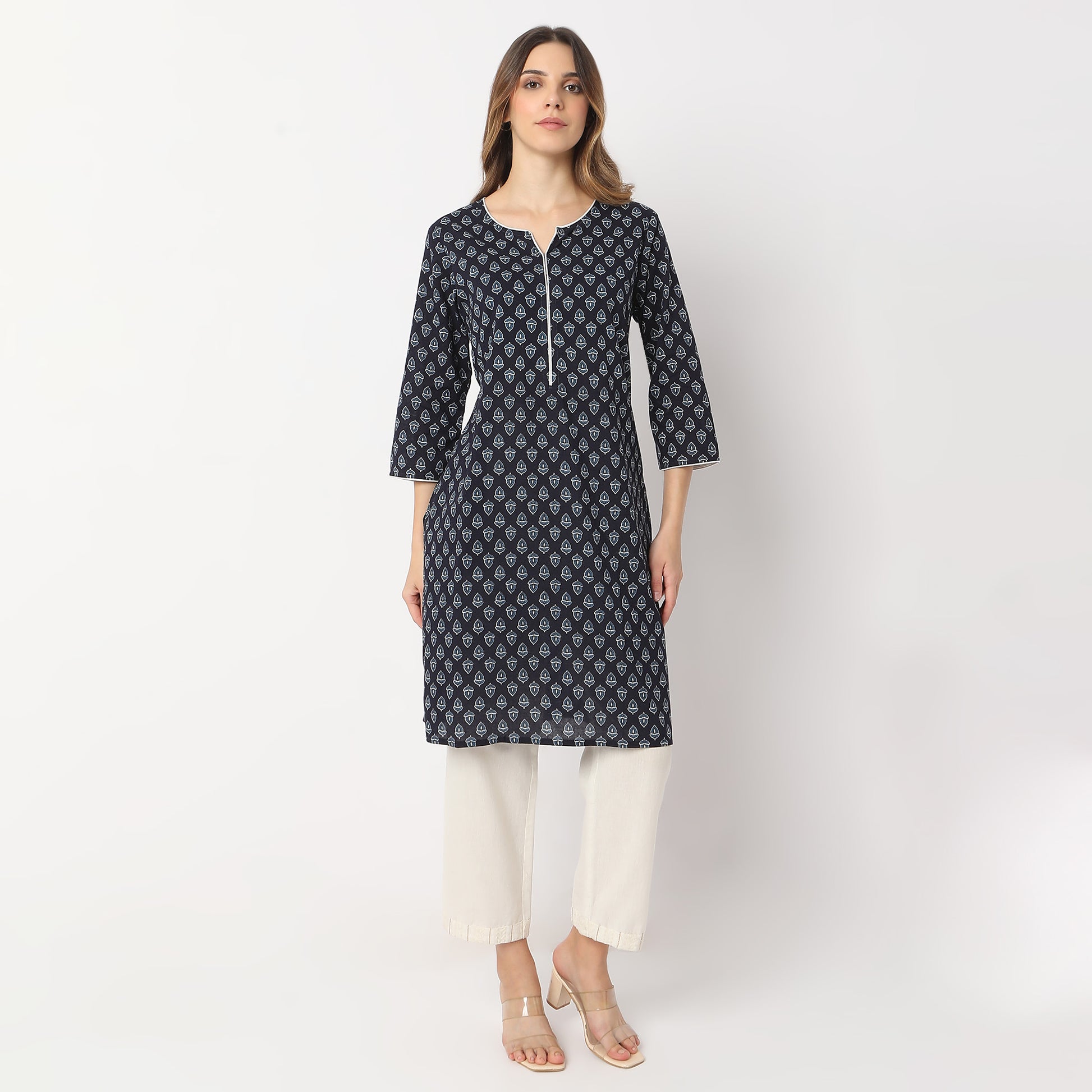 Straight Fit Floral Knee Length Band Collar Table Kurta