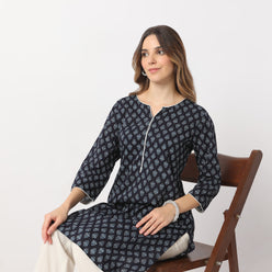 Straight Fit Floral Knee Length Band Collar Table Kurta