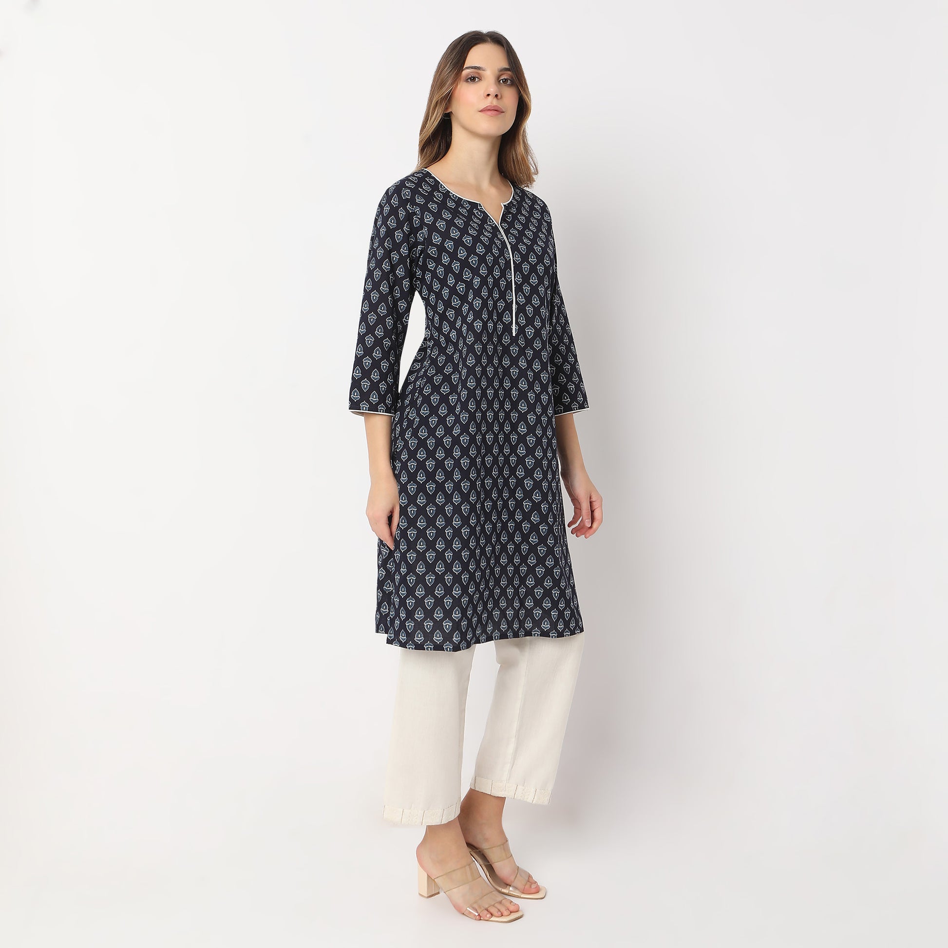 Straight Fit Floral Knee Length Band Collar Table Kurta