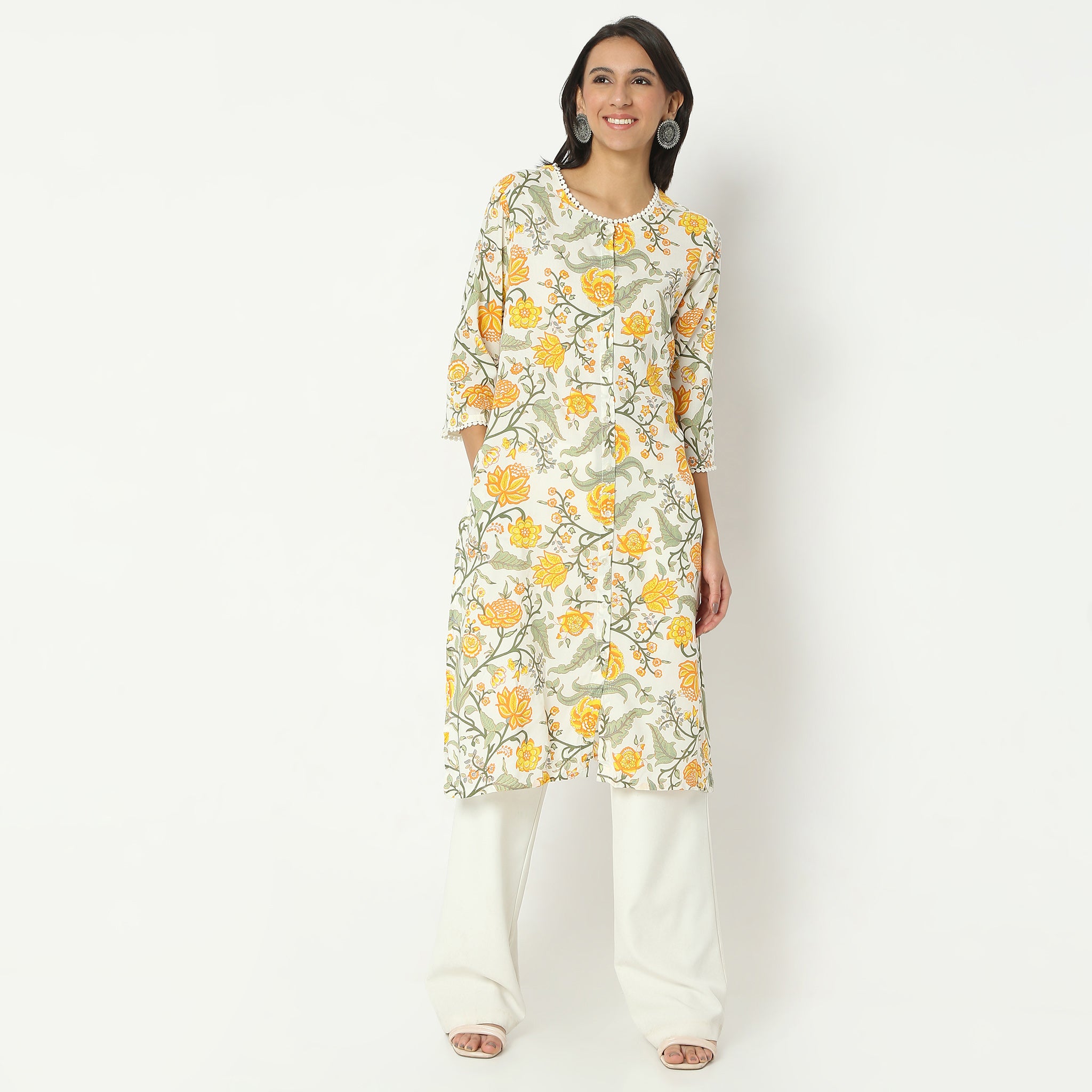 Straight Fit Printed Round Neck Calf Length Kurta