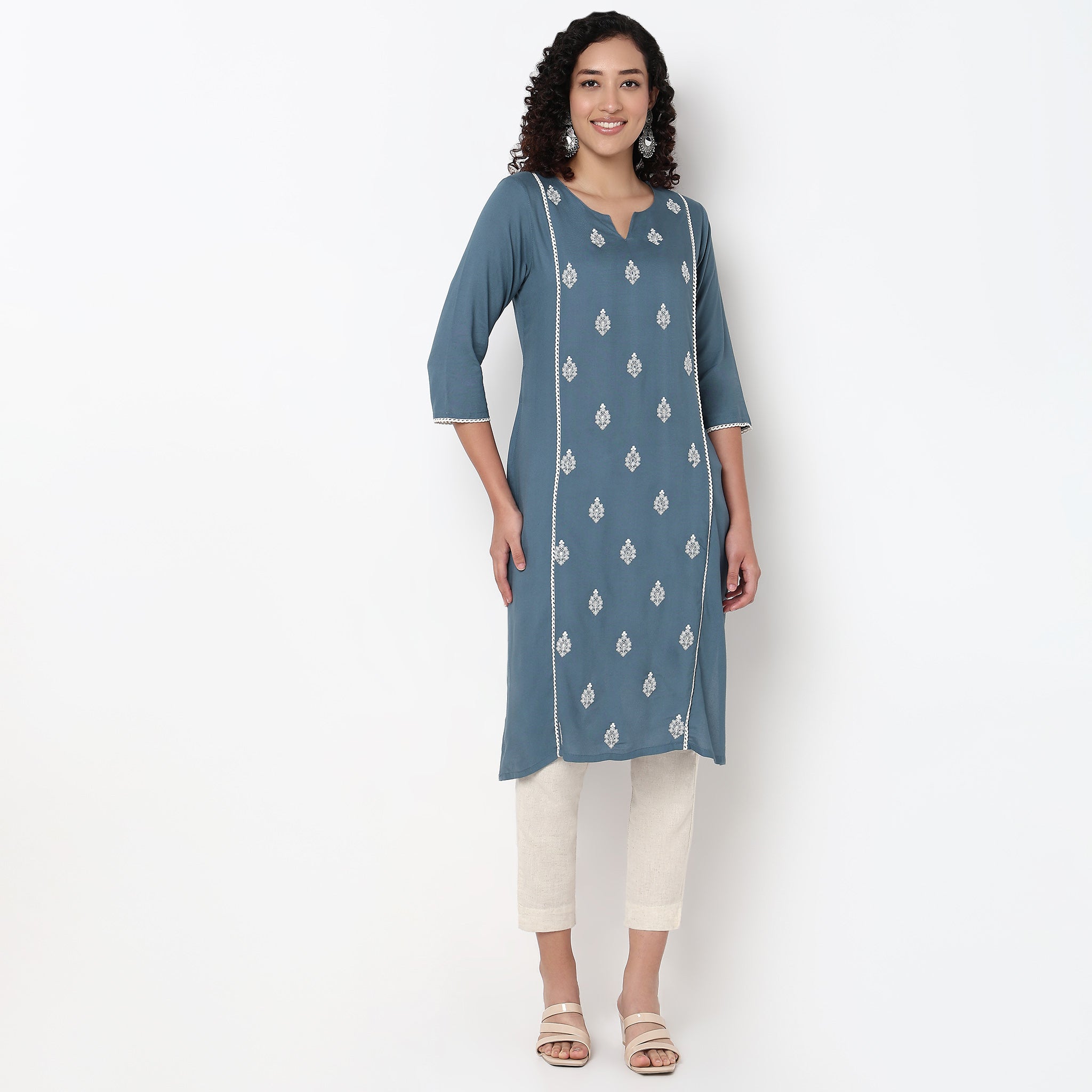 Round Neck Center Panel With Embroidered Straight Kurta