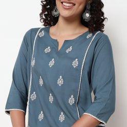 Round Neck Center Panel With Embroidered Straight Kurta