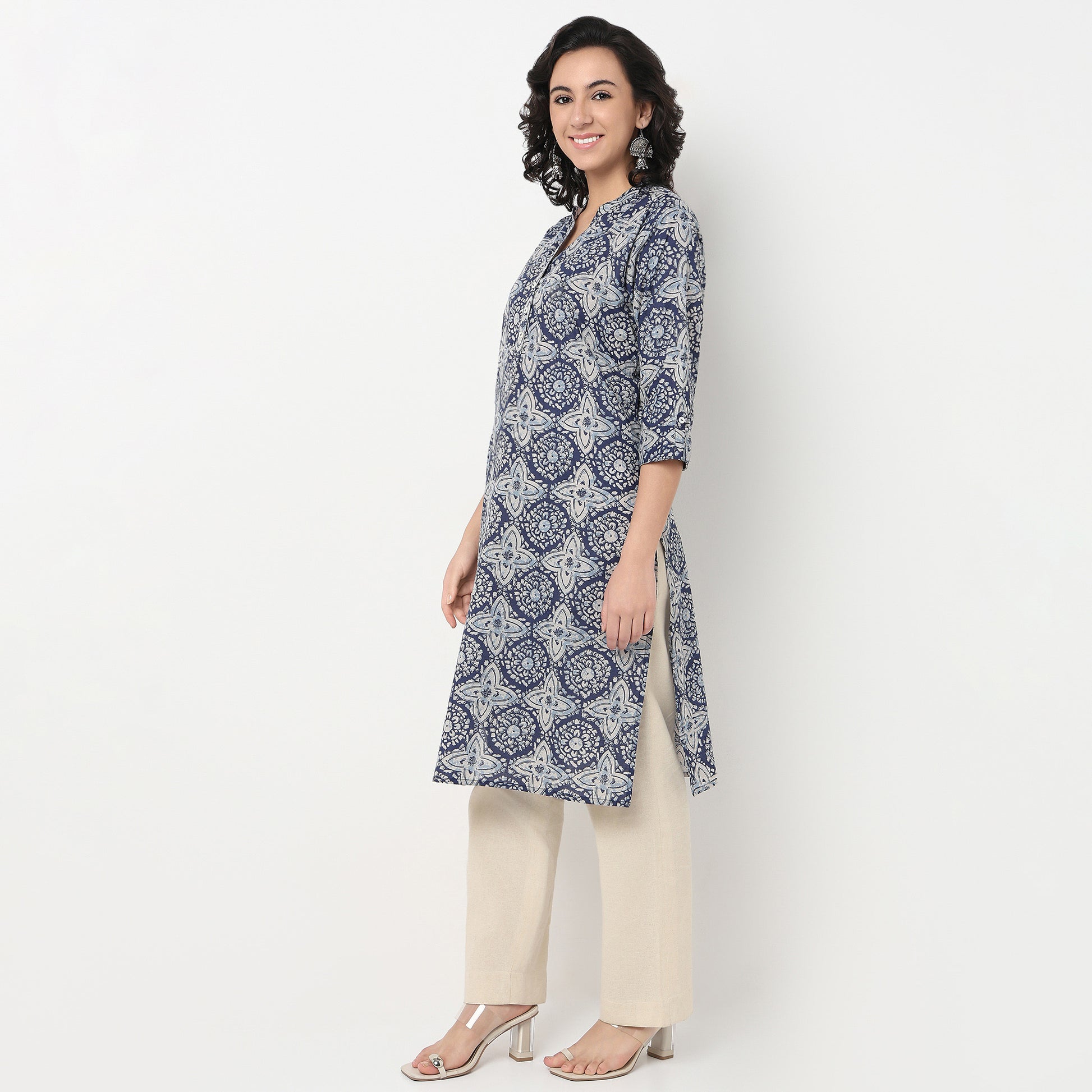 Order Now Women Printed Band Neck Straight Fit Ethnic Wear Kurta by Style Union