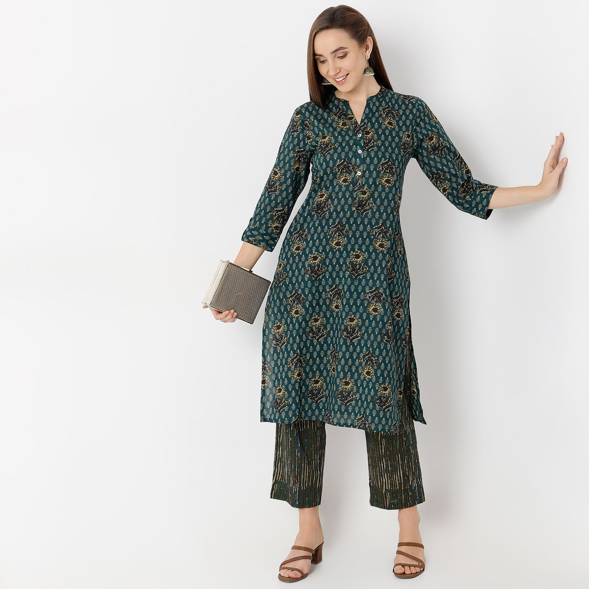 Straight Fit Printed Band Neck Kurta