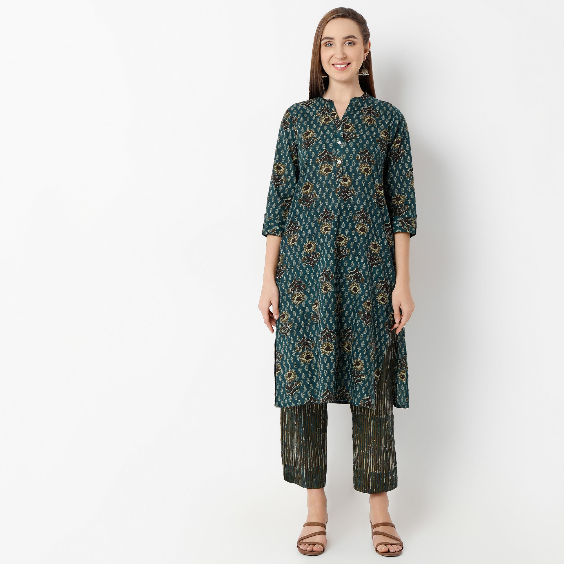 Straight Fit Printed Band Neck Kurta