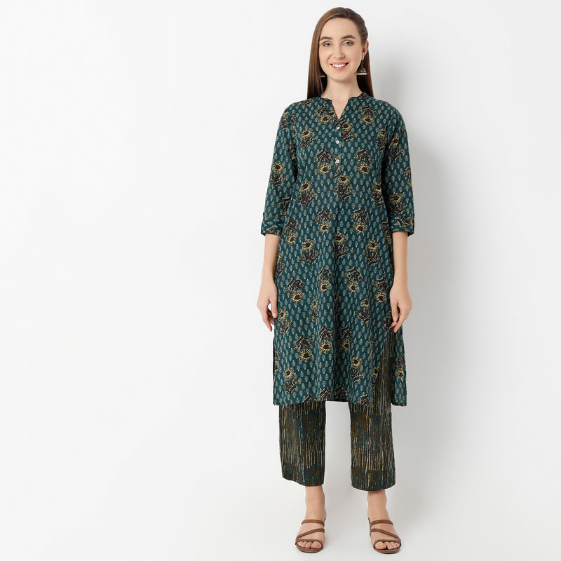 Straight Fit Printed Band Neck Kurta