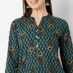 Straight Fit Printed Band Neck Kurta