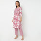 Round Neck Knee Length Three-Fourth Sleeve Printed Straight Fit Kurta