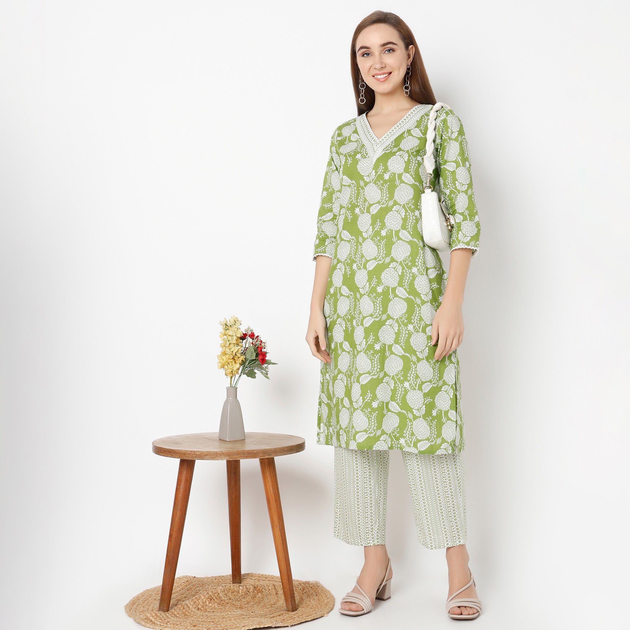 V-Neck Printed Yoke Long Kurta