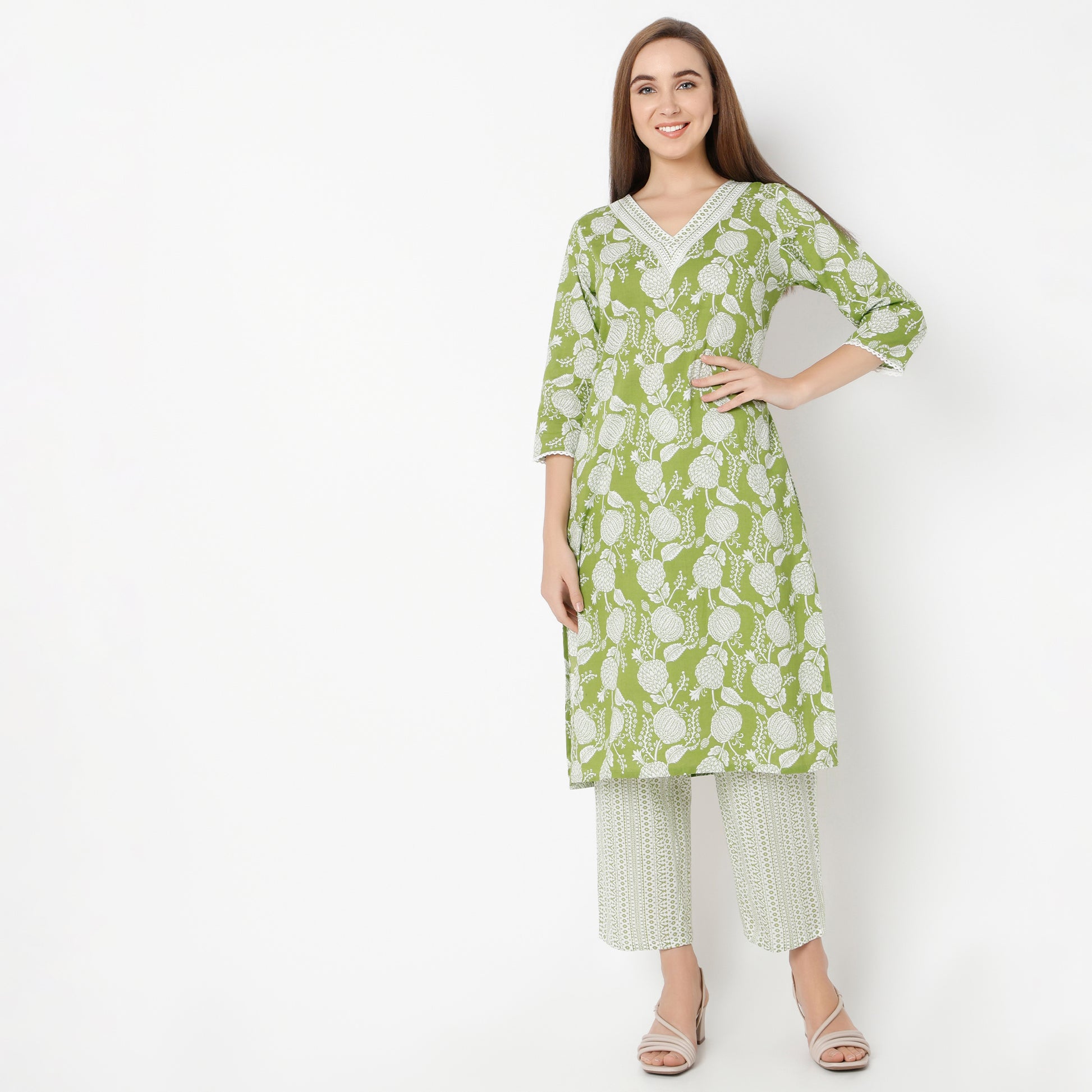 V-Neck Printed Yoke Long Kurta