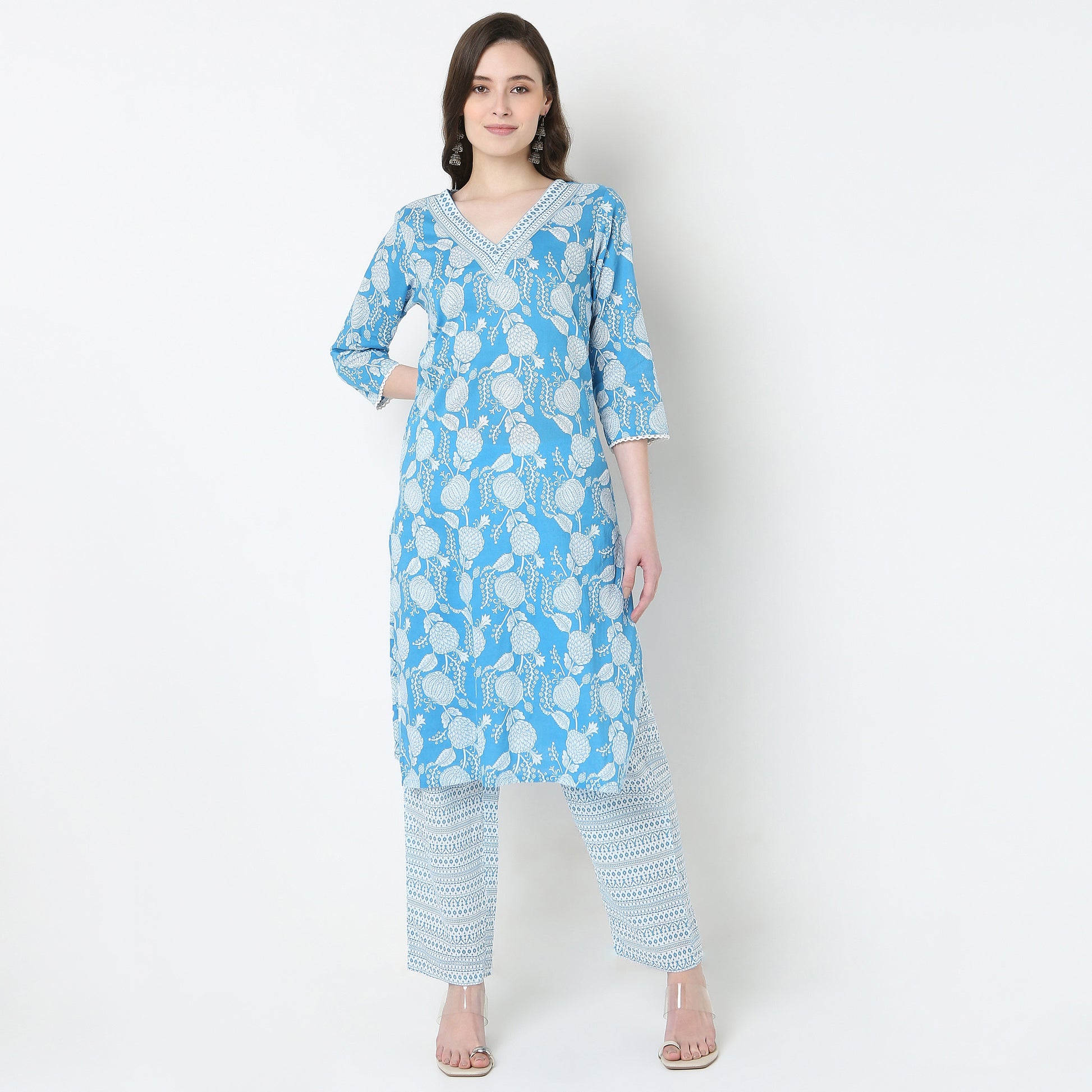 V-Neck Printed Yoke Long Kurta