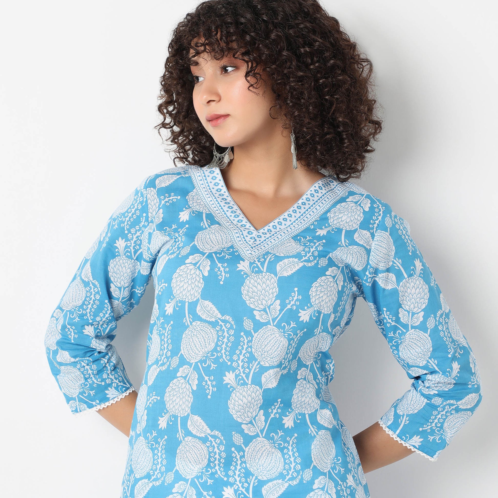 V-Neck Printed Yoke Long Kurta