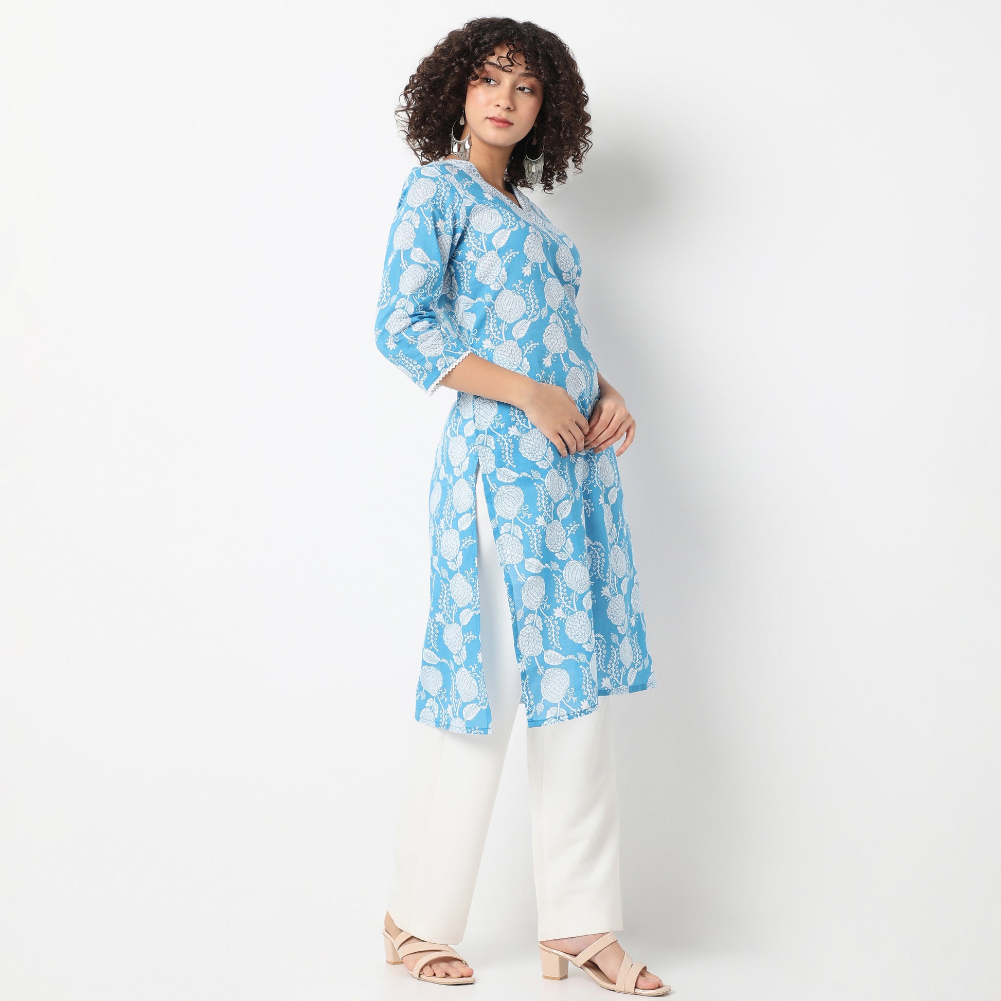 V-Neck Printed Yoke Long Kurta