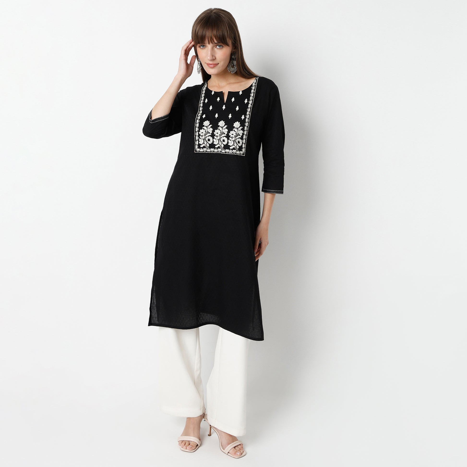 Straight Fit Embroidered Calf Length Kurta