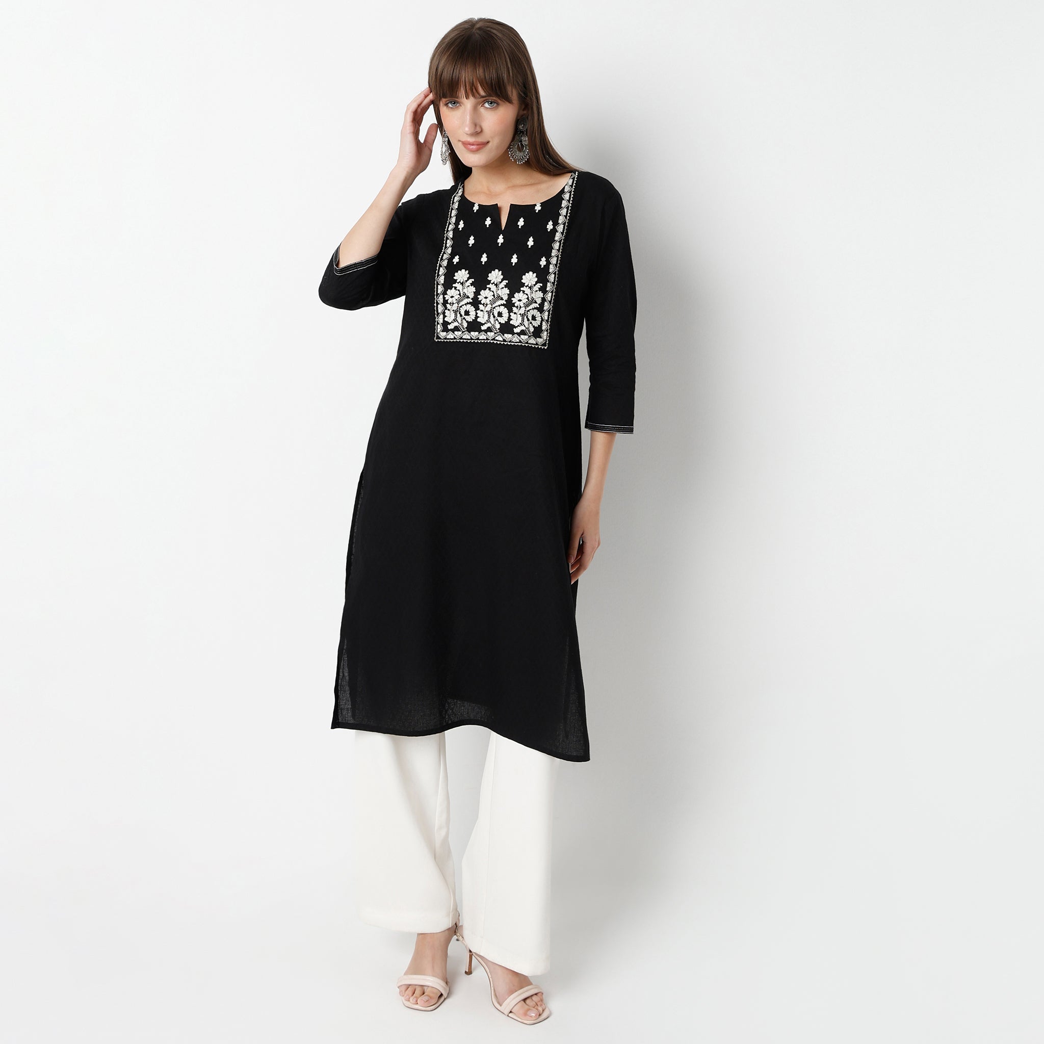 Straight Fit Embroidered Calf Length Kurta
