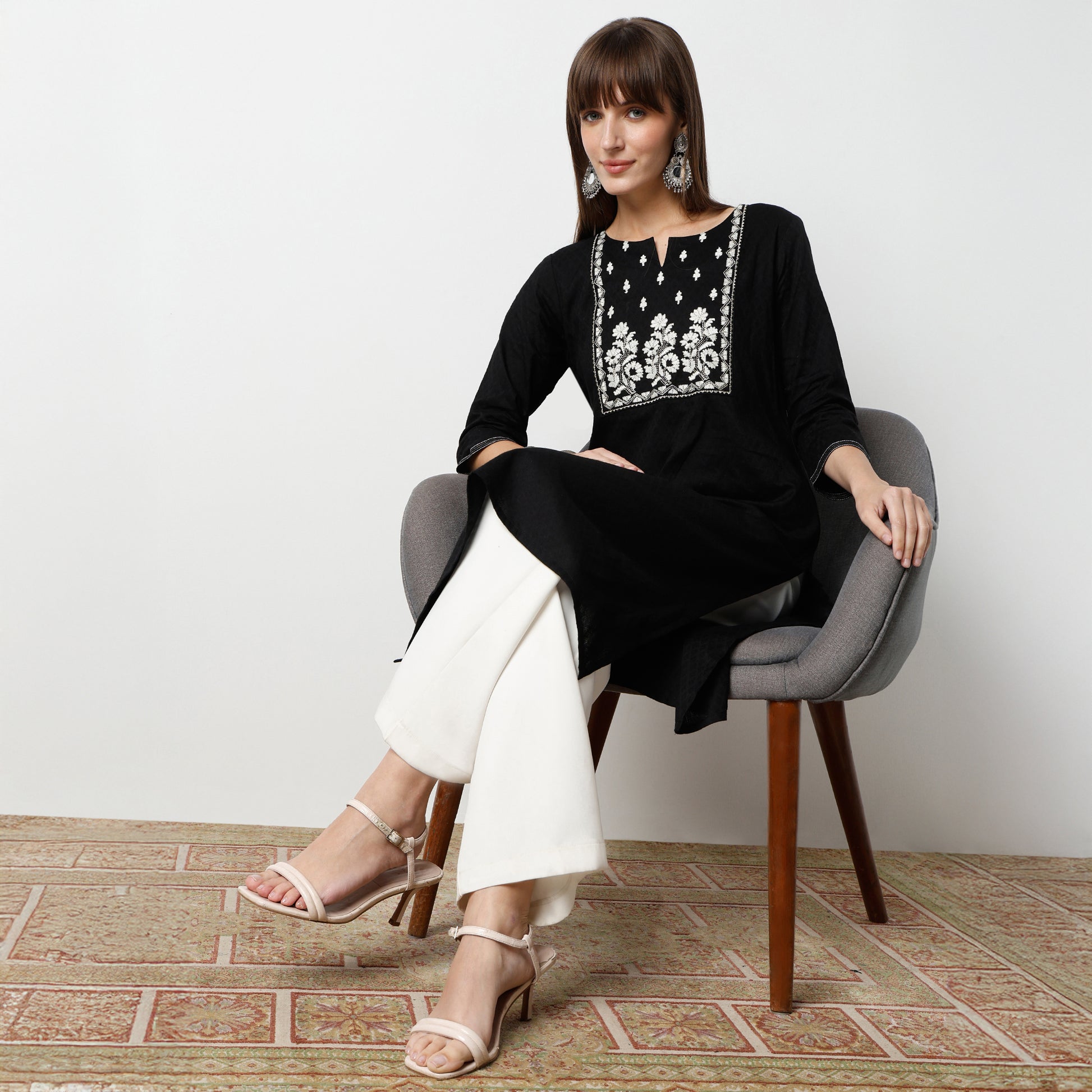 Straight Fit Embroidered Calf Length Kurta