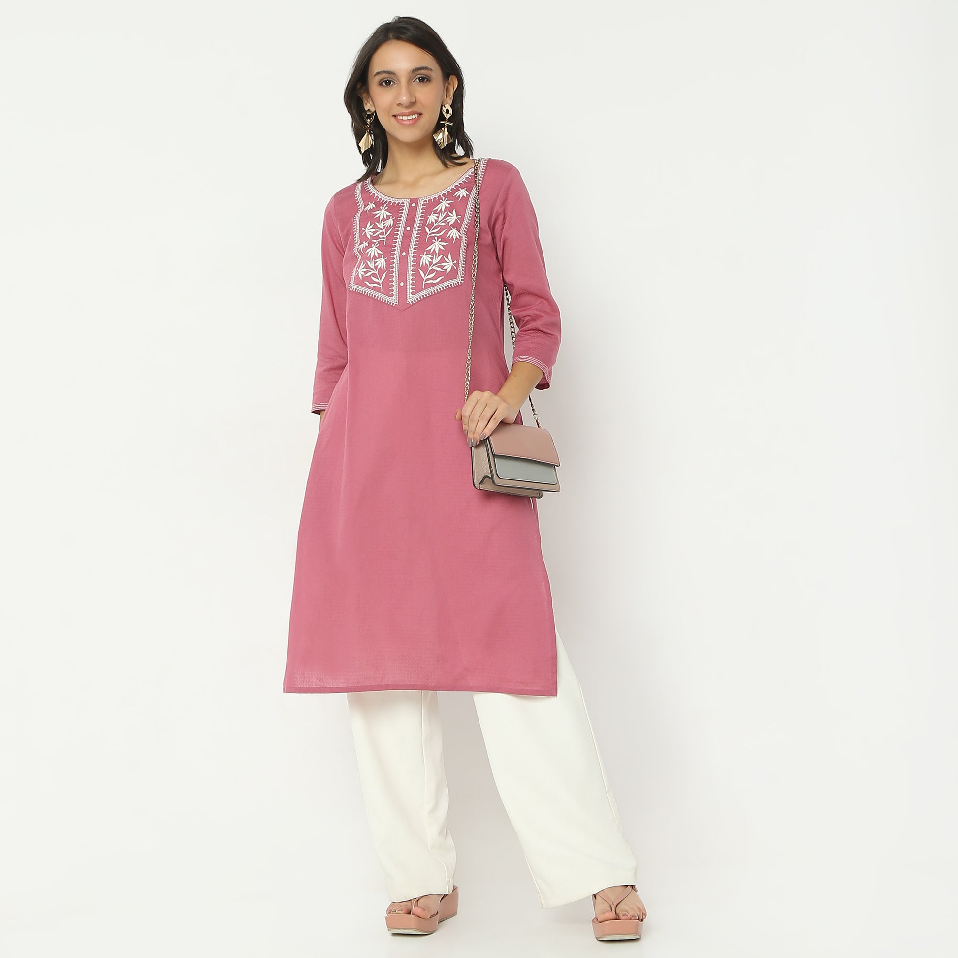 Straight Fit Embroiderd Round Neck Calf Length Kurta