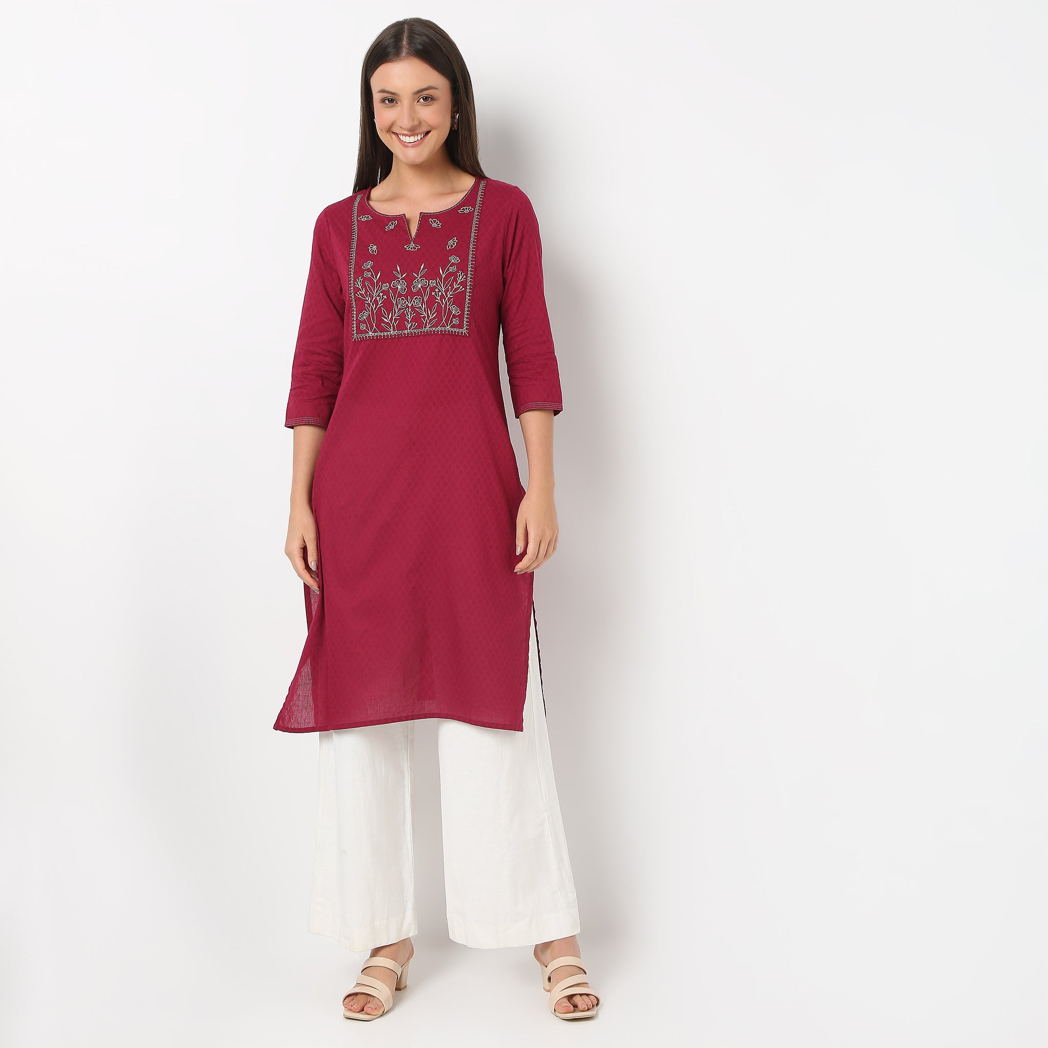 Embroidered Round Neck Knee Length Three-Fourth Sleeve Straight Fit Kurta