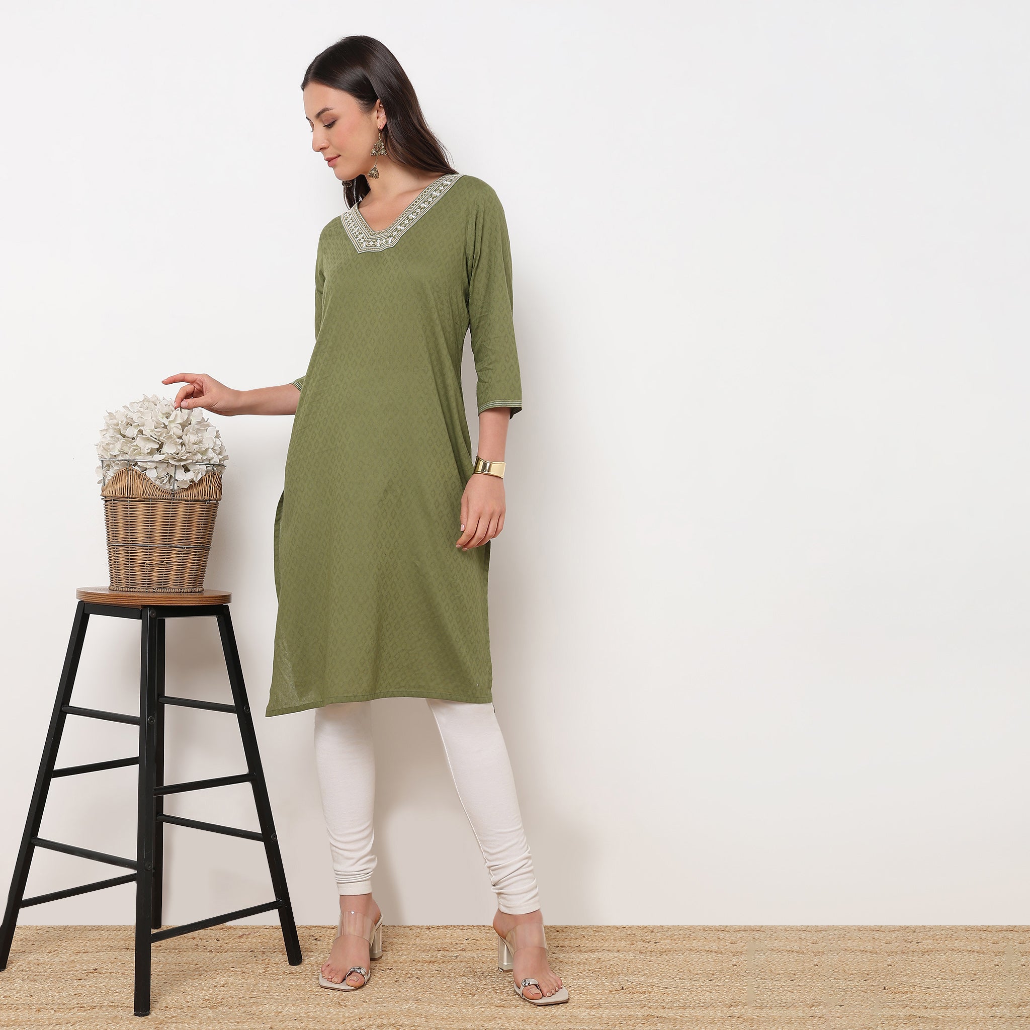 Straight Fit Embroidered Yoke Kurta
