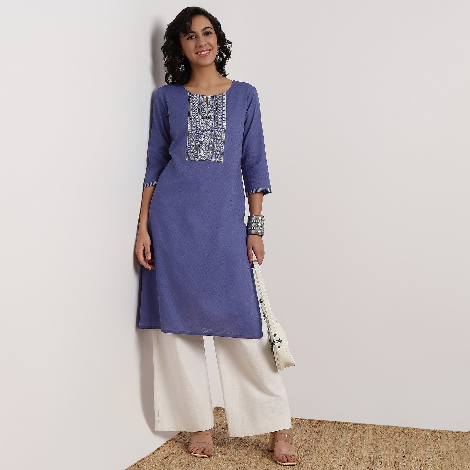 Round Neck Embroidered Yoke Straight Kurta