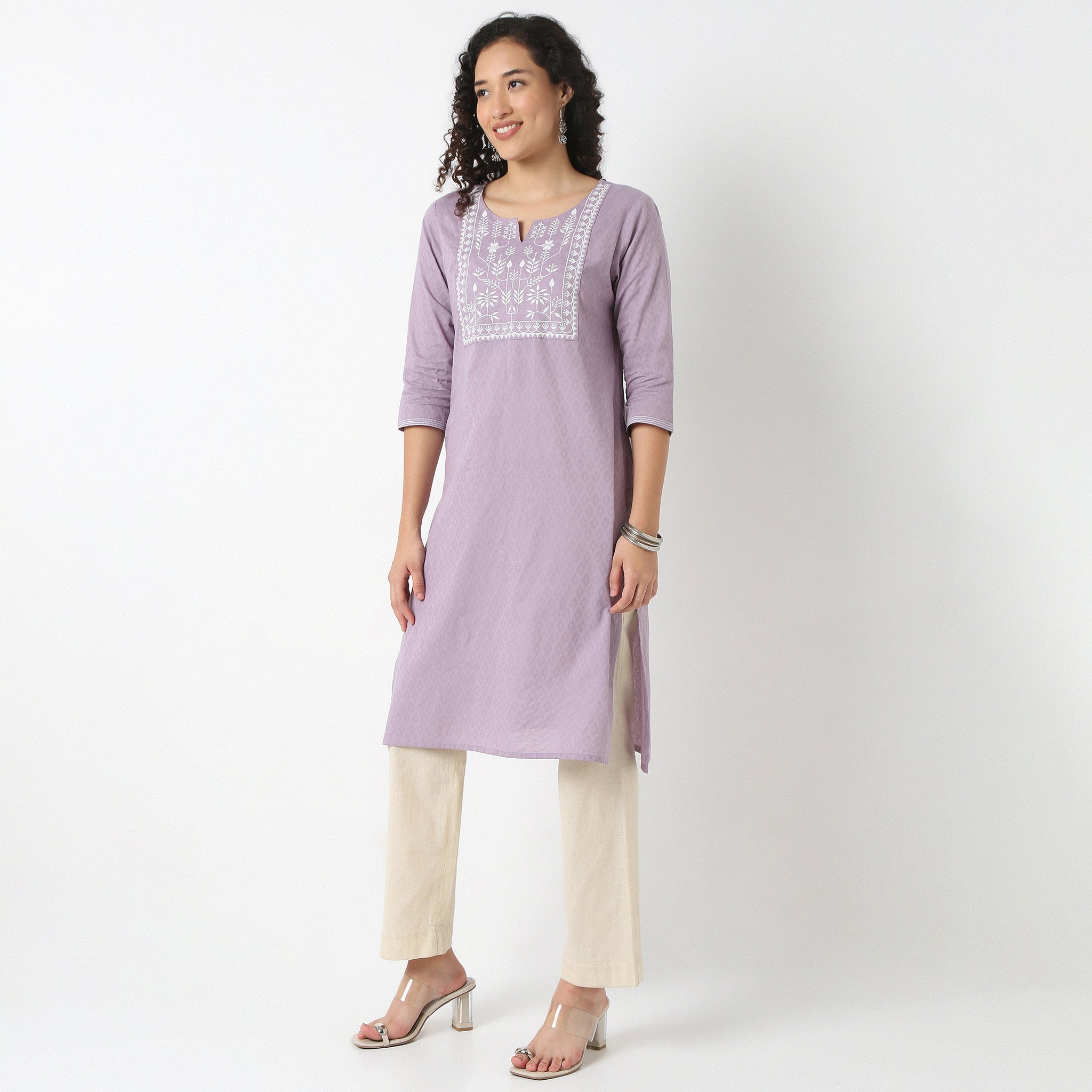 Emebroidered Yoke Kurta-Dobby