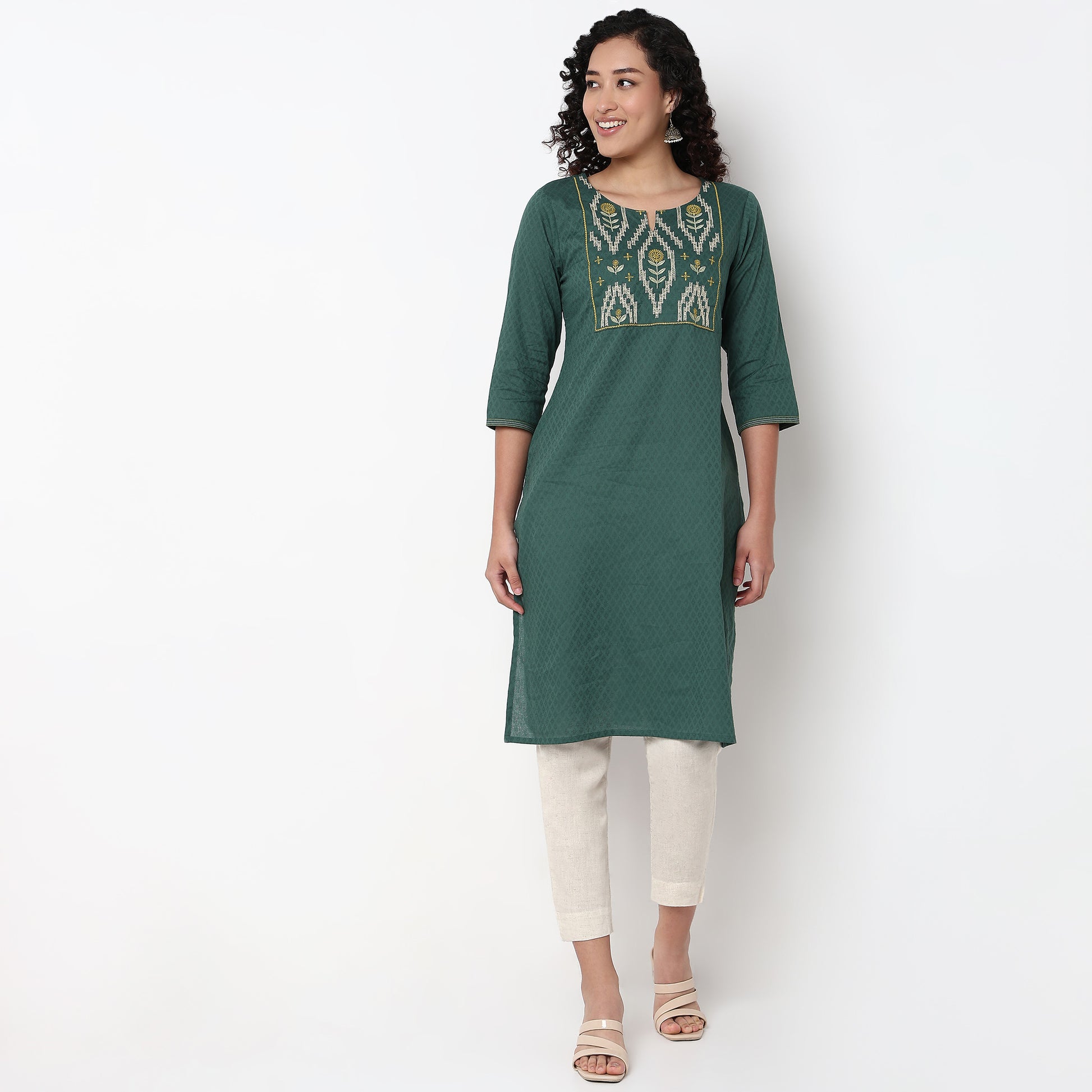 Round Neck Embroidered Yoke Straight Kurta