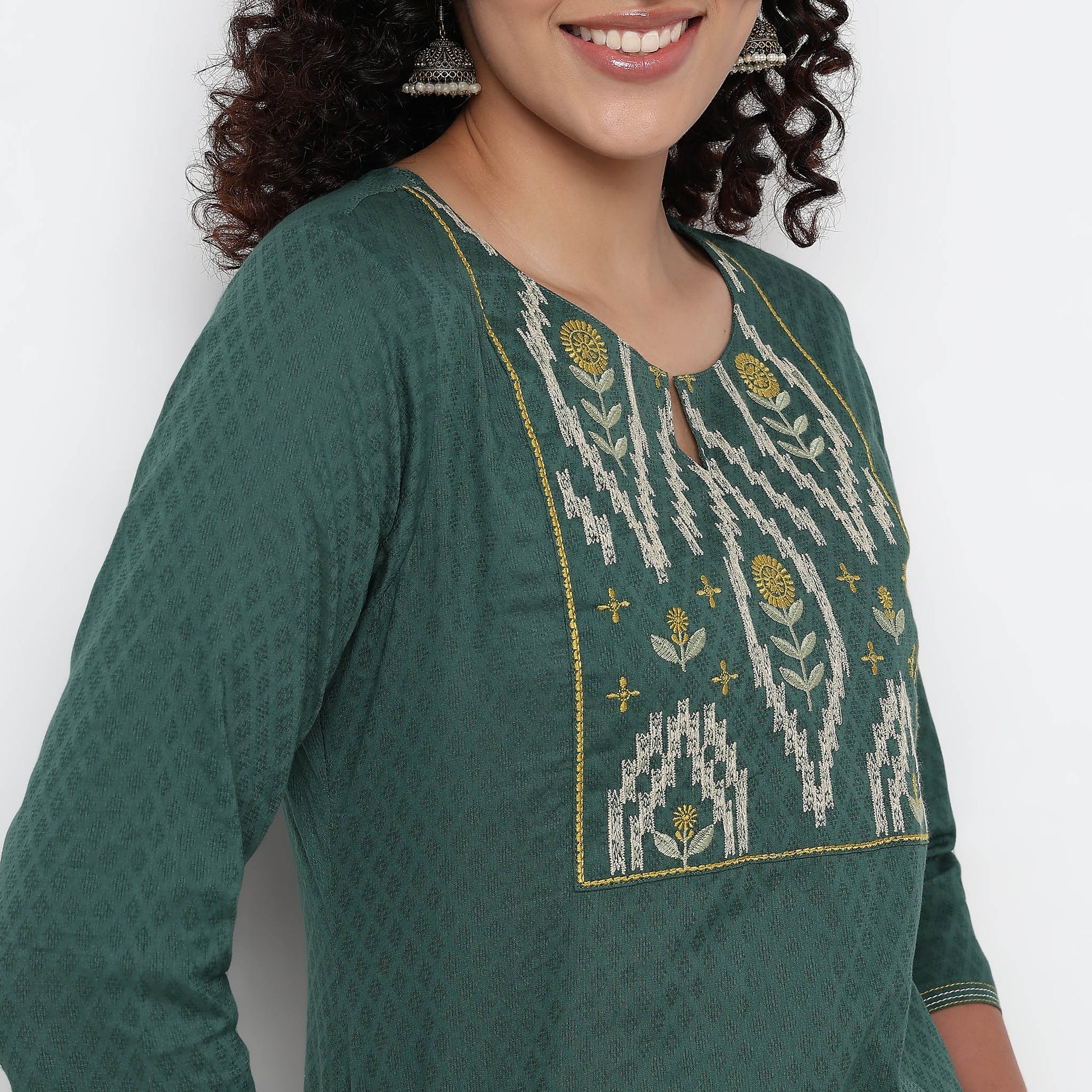 Round Neck Embroidered Yoke Straight Kurta