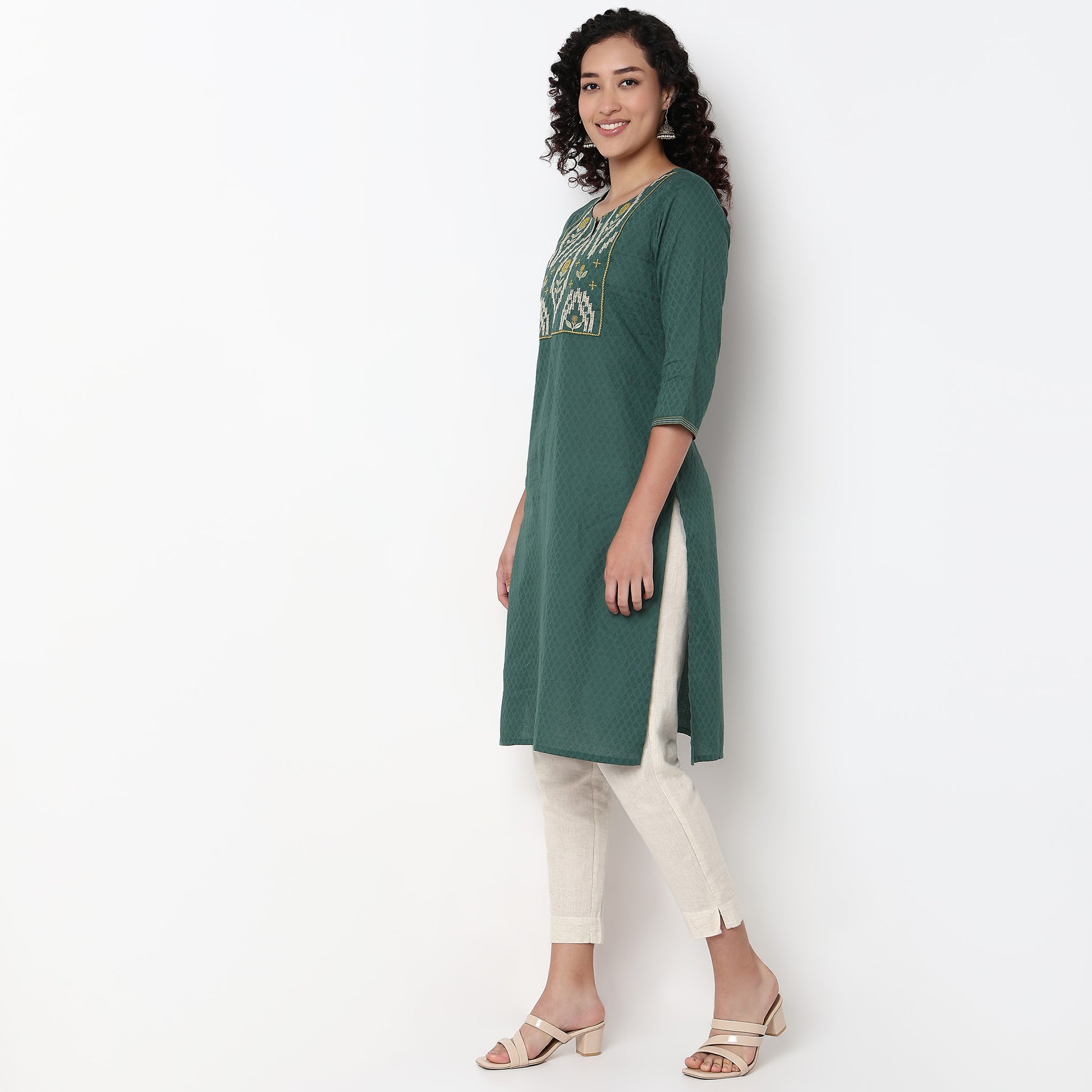 Round Neck Embroidered Yoke Straight Kurta
