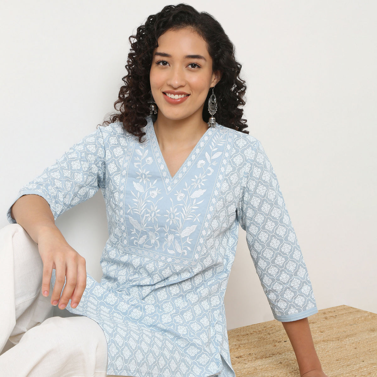 Embroidered Yoke Printed Kurta