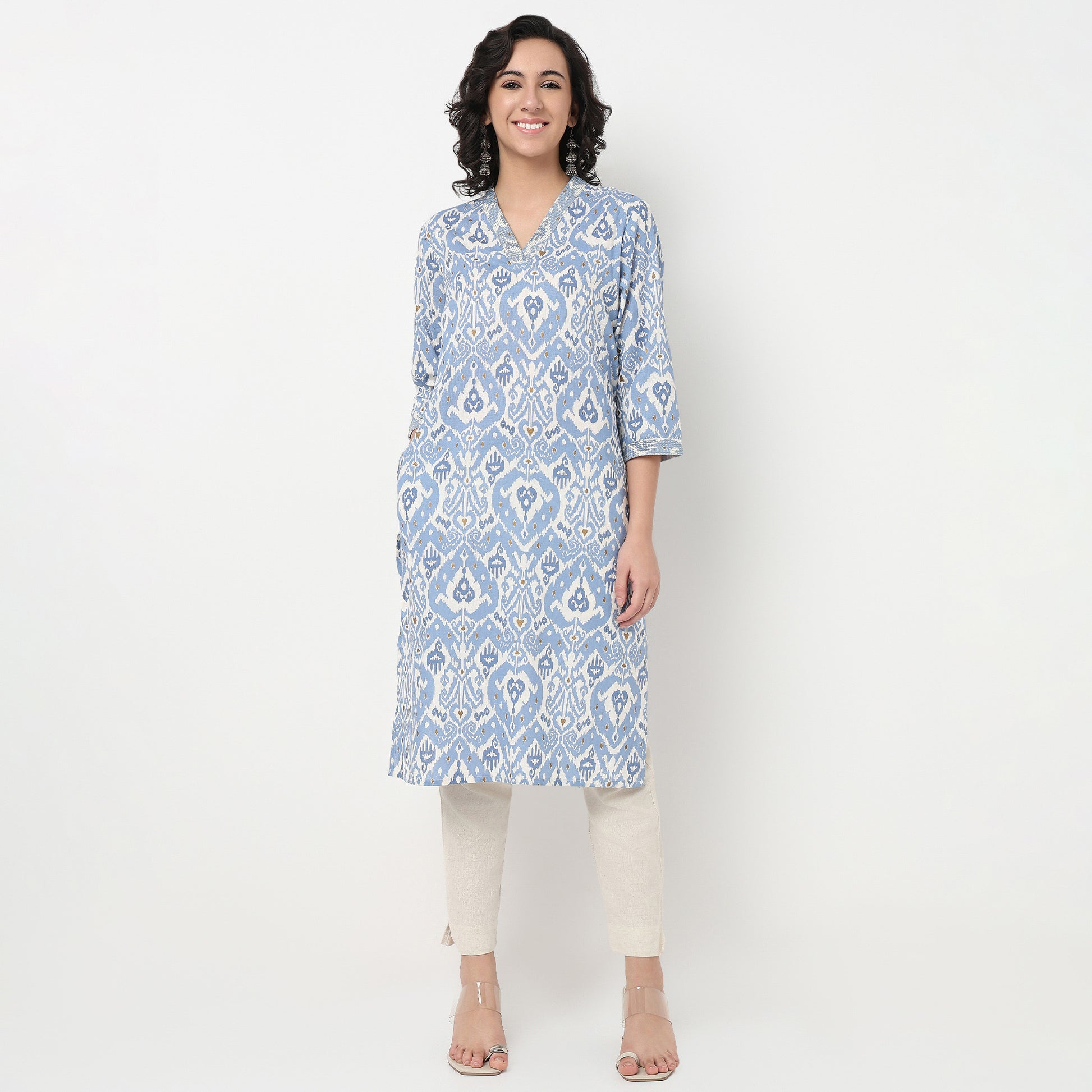Order Now Women Printed V Neck Straight Fit Ethnic Wear Kurta by Style Union