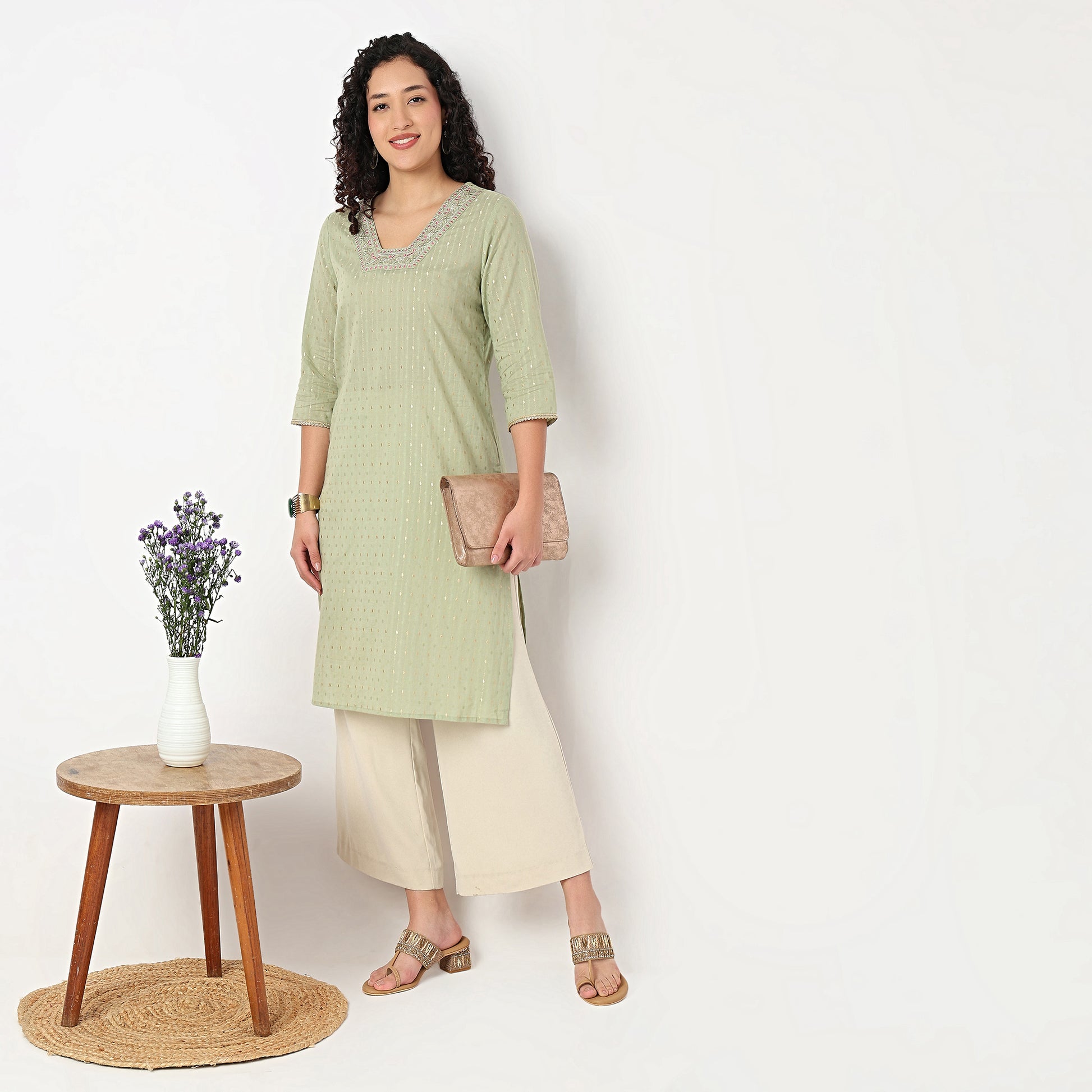 Glass Shape Neck With Embroidered Kurta