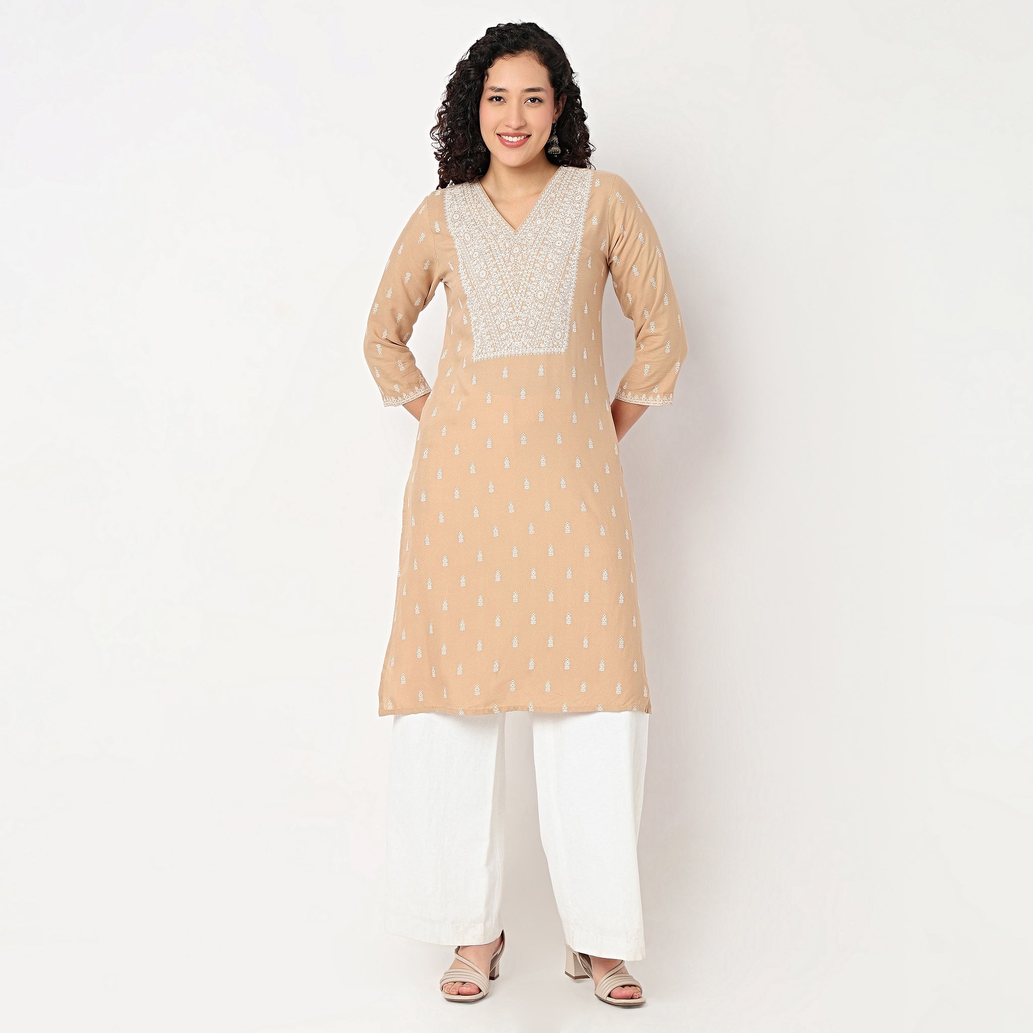 Printed Yoke V-Neck Kurta